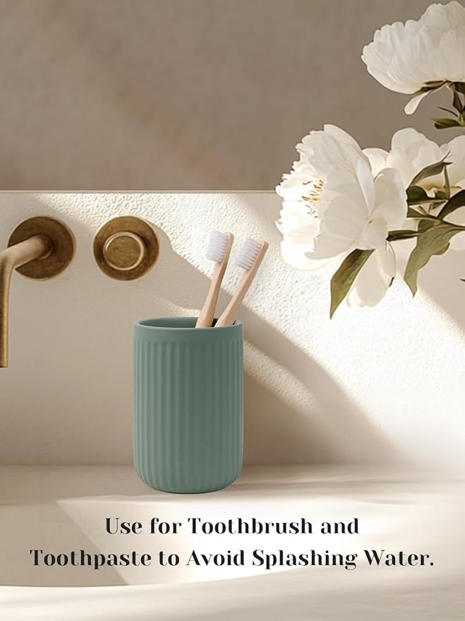 INGOFIN Ceramic Toothbrush Holder, 12 oz Toothpaste Holder Bathroom Cup, Tooth Brush Holder for Vanity Countertop, Organizer Storage for Cosmetic, Makeup, Office Pencils, Matte Green