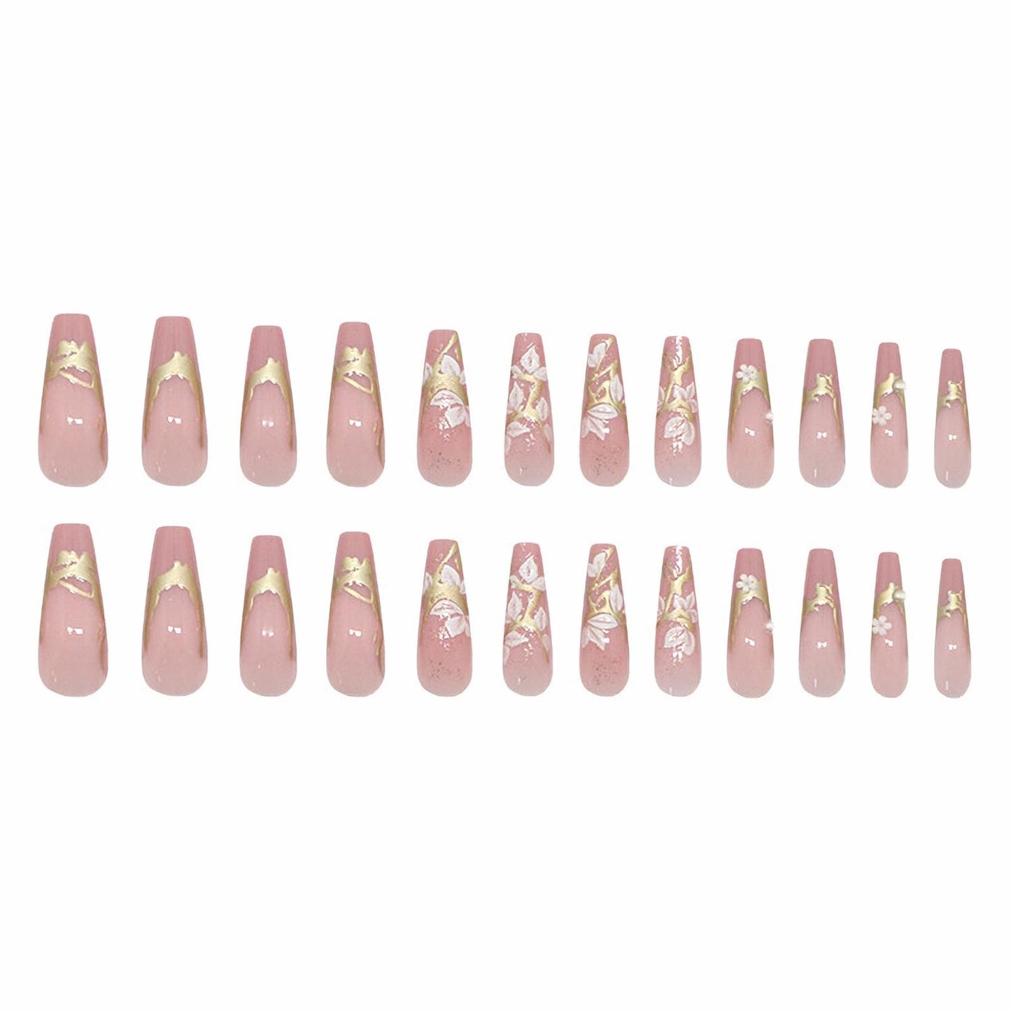MISUD Press on Nails - Long Coffin Fake Nails with Pink Flower, Acrylic Gold Chrome Design 24 pcs
