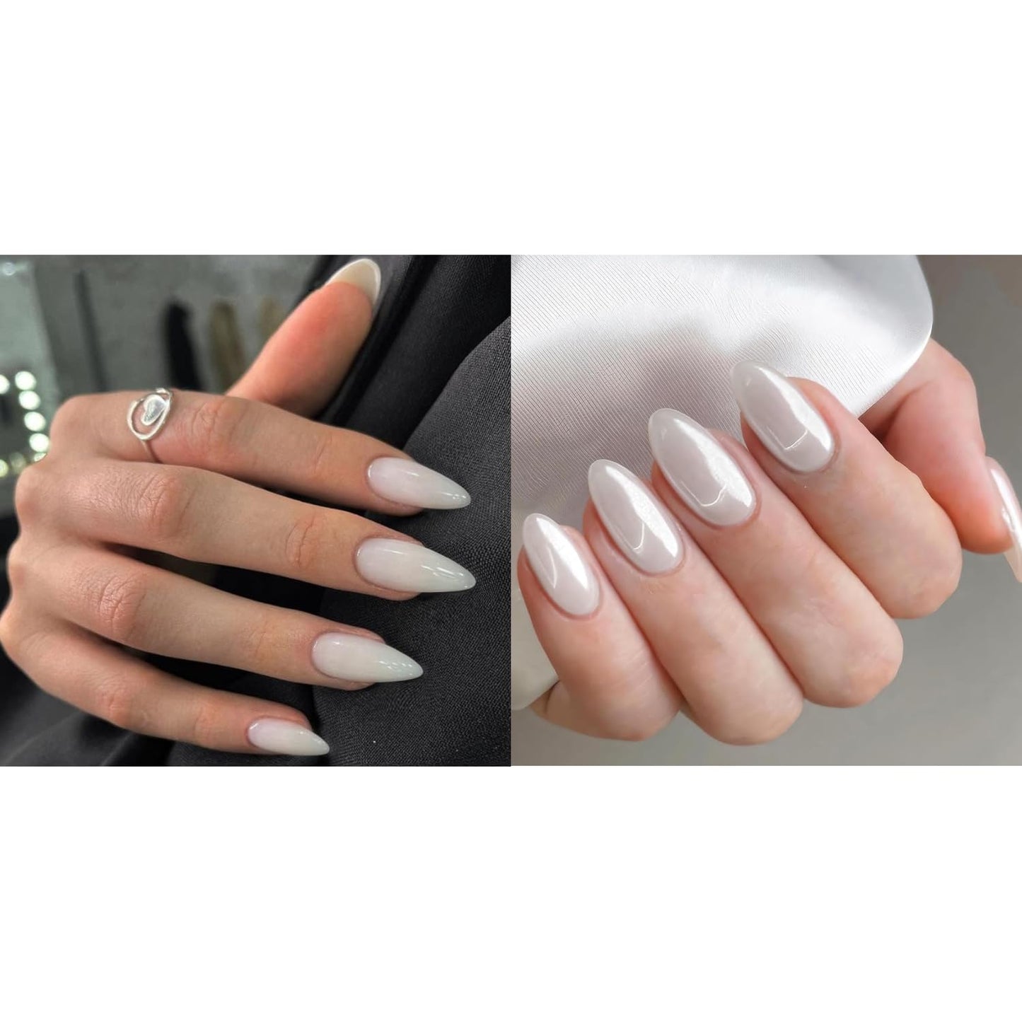 KQueenest All White Press on Nails Medium Almond&Transparent Pearl White Press on Nails Medium Almond For Beach Party Daily Decoration in 48 PCS