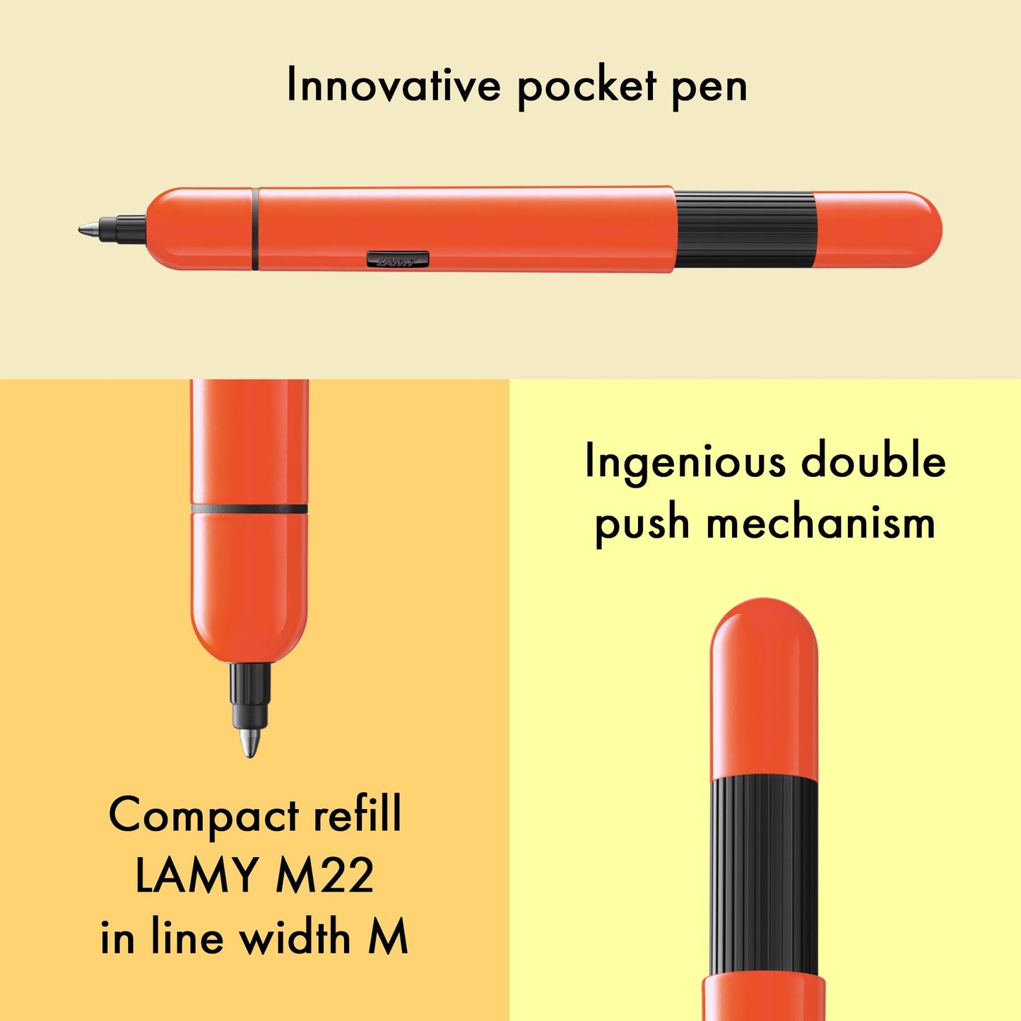 LAMY Pico 288 Small Pocket Ballpoint Pen Metal in Lacquer Finish in Laser Orange with Push Mechanism Includes Compact Refill Lamy M 22 Line Width M in Black, Pack of 1