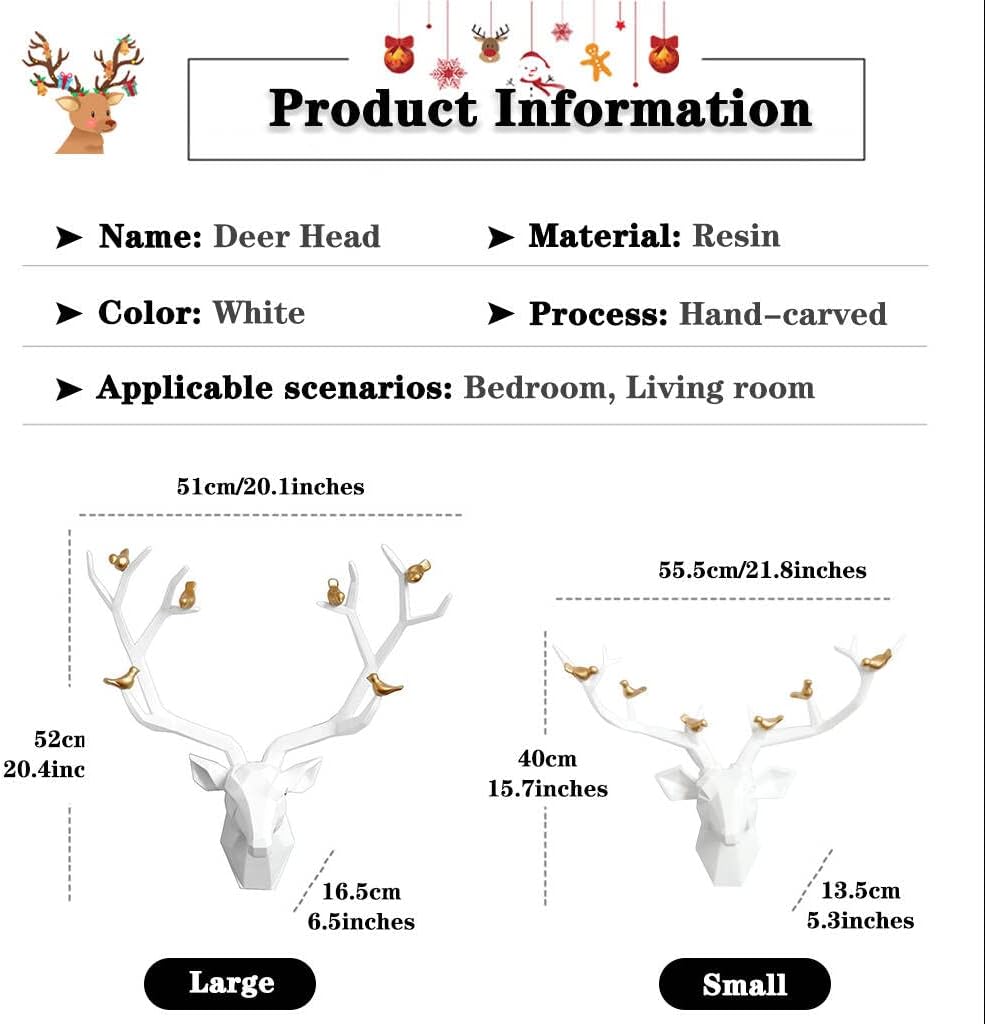 Deer Head Wall Decor Geometric Rustic Wall Mounted Deer Head, Faux Taxidermy Animal Head Wall Art Pendant, Handmade Resin Head Sculptures for Porch, Detachable Antlers, 6 Styles(White,21.8x15.7IN)