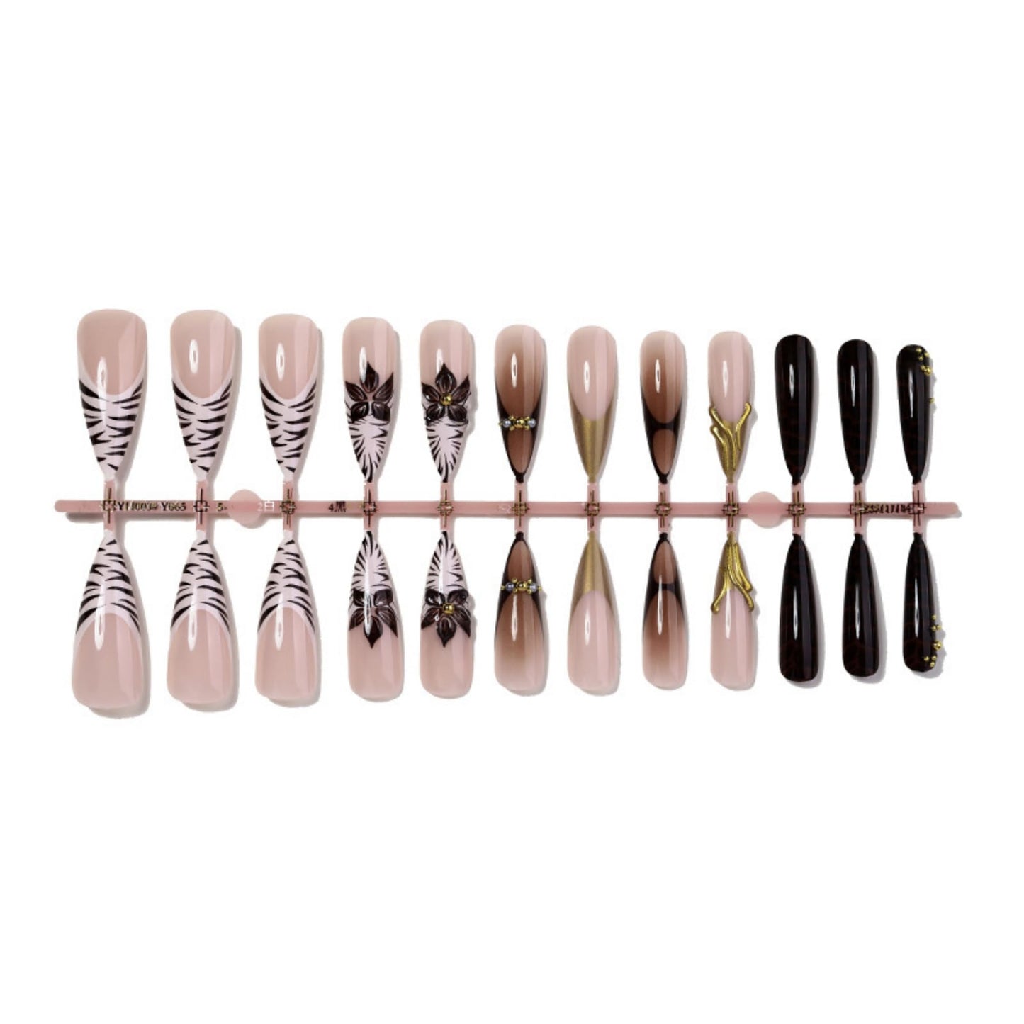 Almond Press on Nails Long Fake Nails Seeneey Brown Artificial Nail Gold Charm and 3D Flowers Designs Tortoise Shell Stick on Nail for Women 24pcs