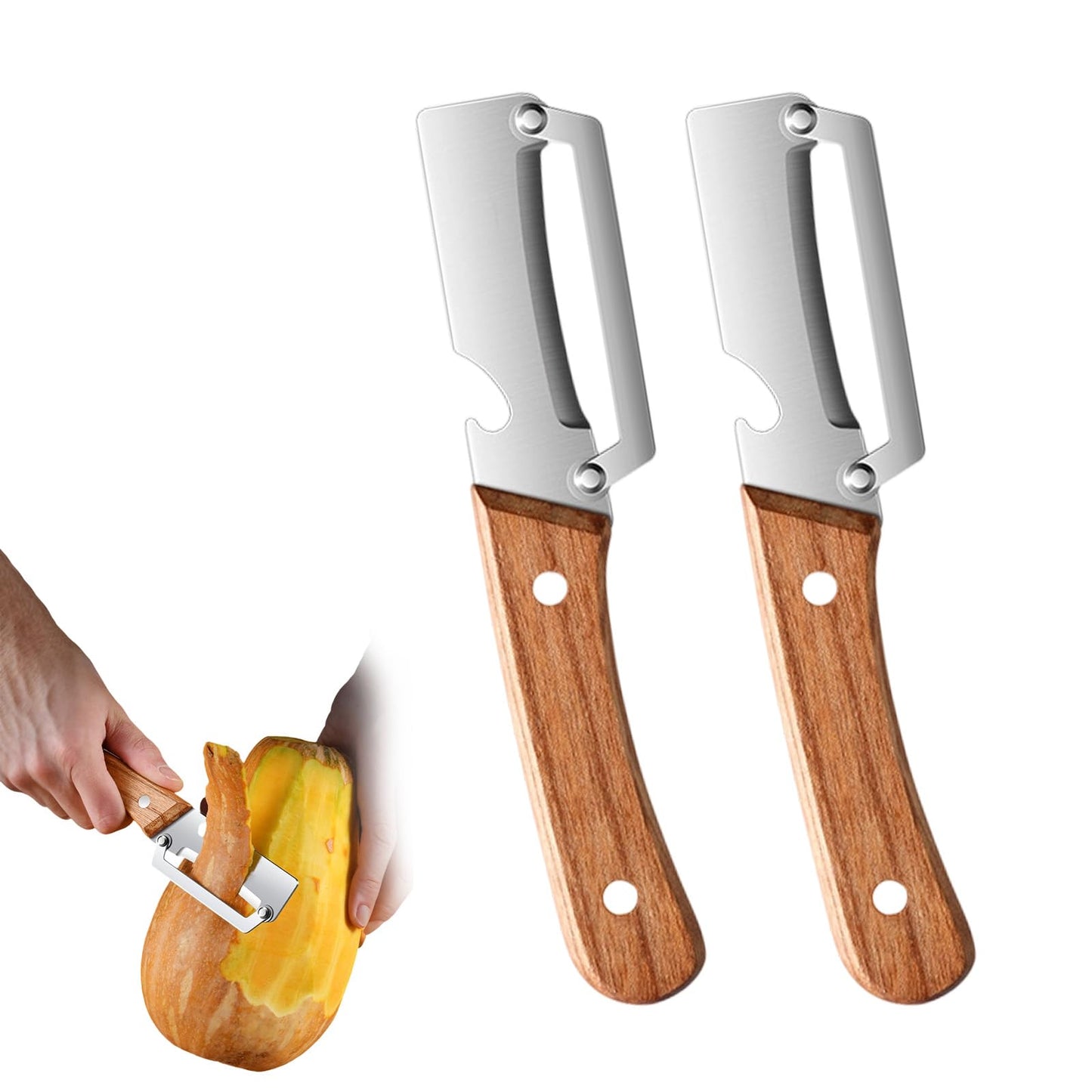 2PCS Multifunctional Vegetable Peeler for Kitchen, Multi-Functional Stainless Steel Fruit Peelers with Wooden Handle and Bottle Opener, Effortless Peeling for Apple, Potato, Pumpkin, Papaya