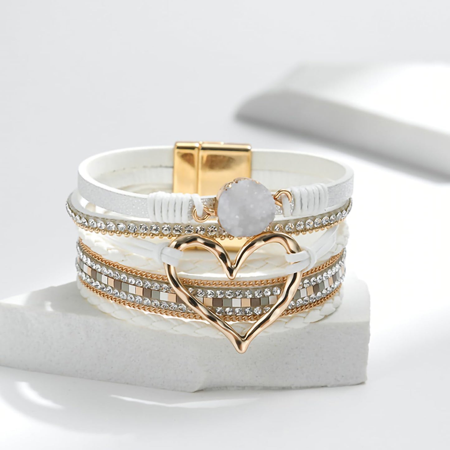 Leopard Bracelet for Women, Boho Leather Wrap Multi-Layer Pearl Crystal Bracelet Bangle Jewelry (Heart Leather(White))