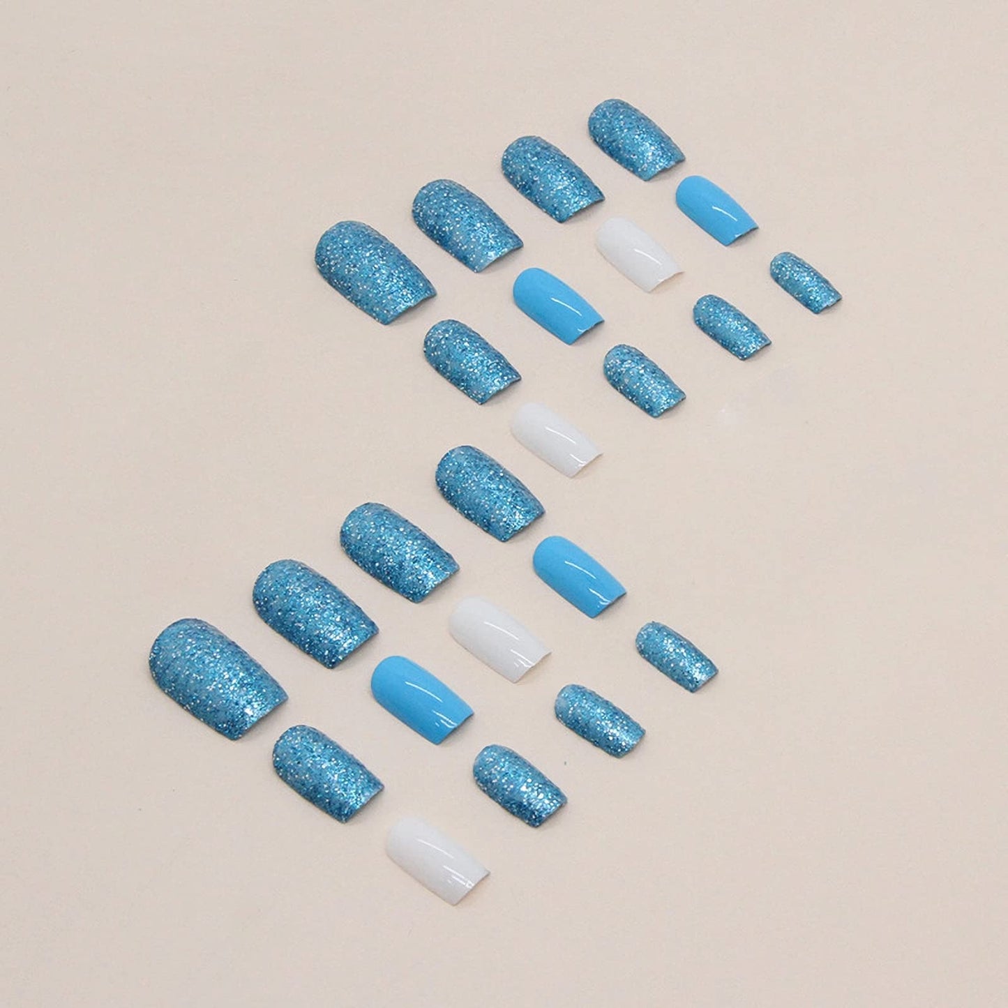 MISUD Press on Nails - Short Square Glue on Nails with Summer Blue, Acrylic Bling Glitter Design 24 pcs