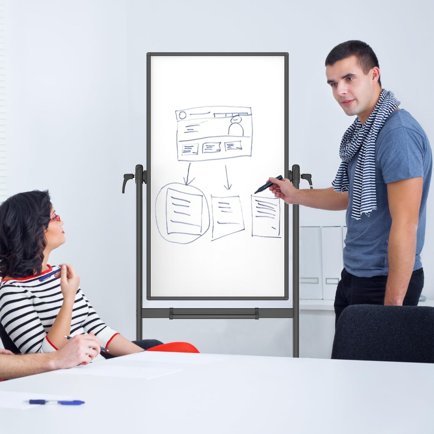 VIZ-PRO Double-Sided Magnetic Mobile Whiteboard, 48 x 24 Inches, Black Aluminium Frame and Stand