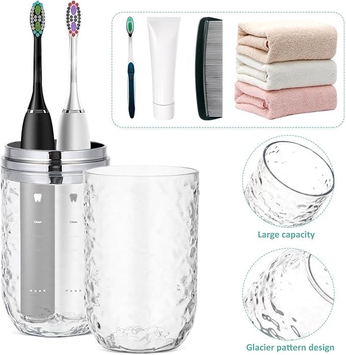 2PCS Travel Toothbrush Case with Cover, Portable Toothbrush Holder Cup Storage Container Dustproof Toothbrush Case for Bathroom Trip School Camping (Clear & Grey)