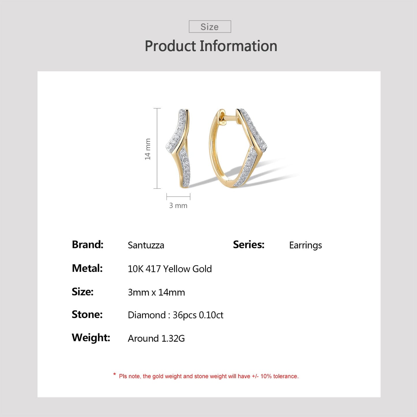 Santuzza 10K Yellow Solid Gold Chevron Shape Earrings Genuine Diamond Simple Huggie Hoop Earrings for Women