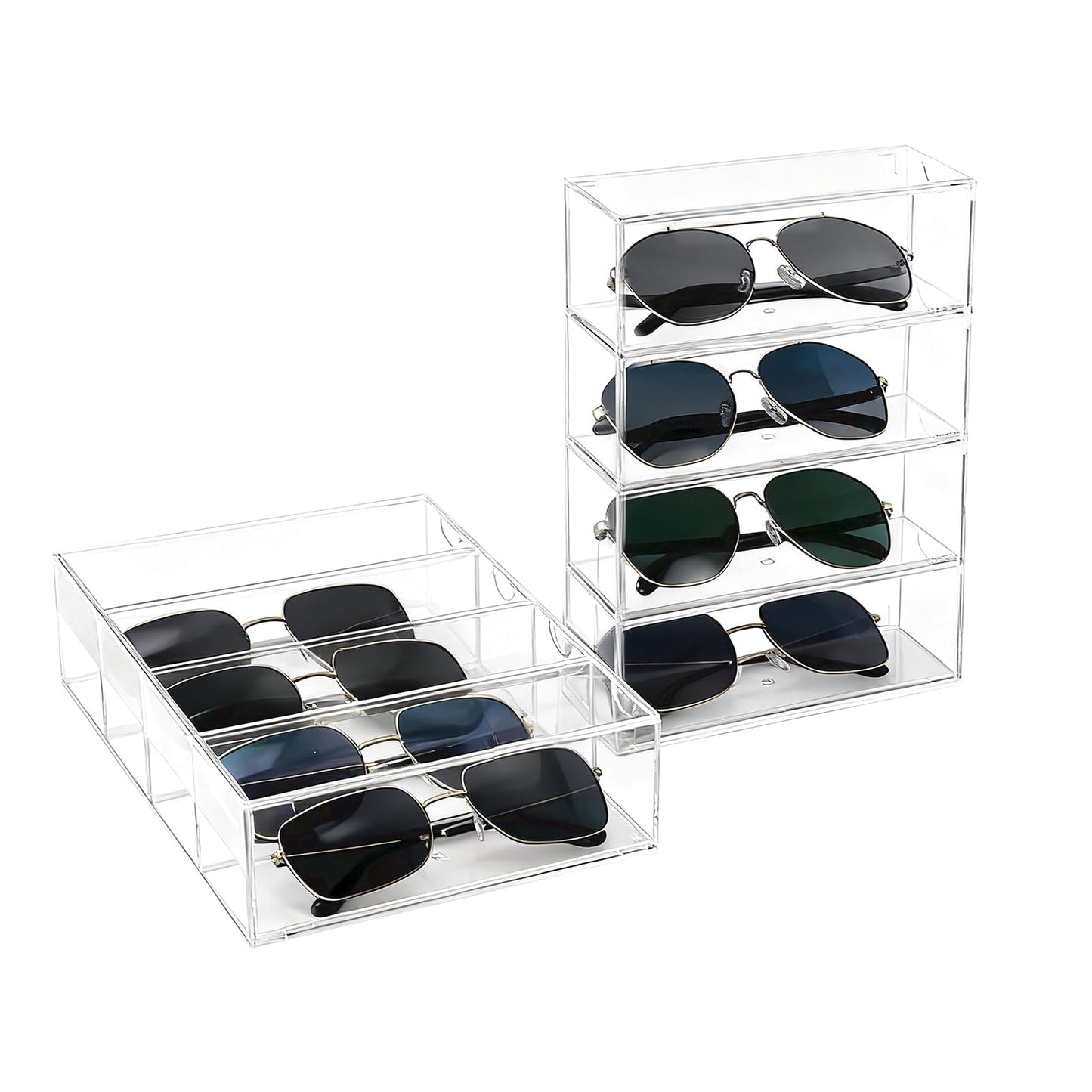 chunhai 2 Pack Sunglasses Organizer, Acrylic Eyeglass Case Clear Eyeglass Holder Eyewear Display Case with 4 Drawers for Women and Men, Jewelry Watch Storage