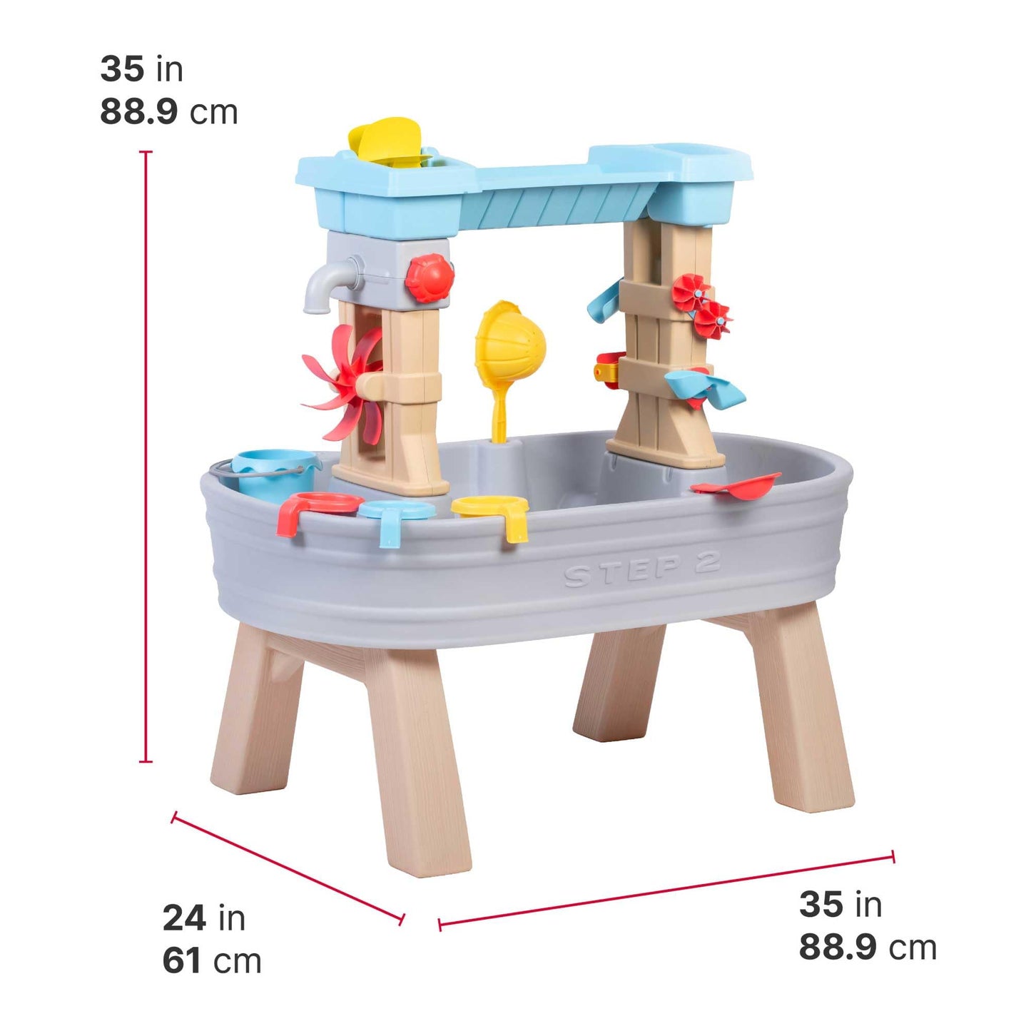 Step2 Rain Showers & Flow Kids Water Table, Outdoor Toddler Activity Table, 15-Piece Accessory Set, Ages 1.5+ Years Old, Multicolor (Gray, Blue, Red)