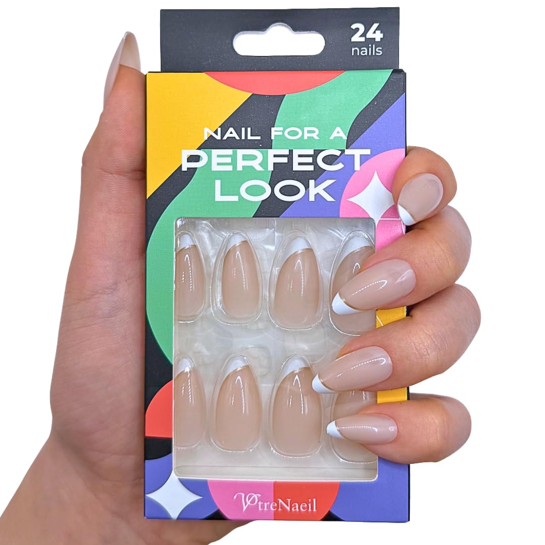 PerfectLook Press On Nails - Silk Glow | No Glue Short Almond French Tip Nails with Gold Line, Nude Glossy Nails - 24 Pcs Nail Kit with Adhesive Tabs