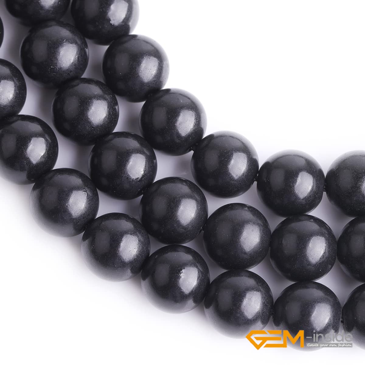 GEM-Inside 8mm Natural Black Russian Shungite Polished Round Stone Chakra Beads for Jewelry Making Full 15" Strand Power Energy Healing Stone