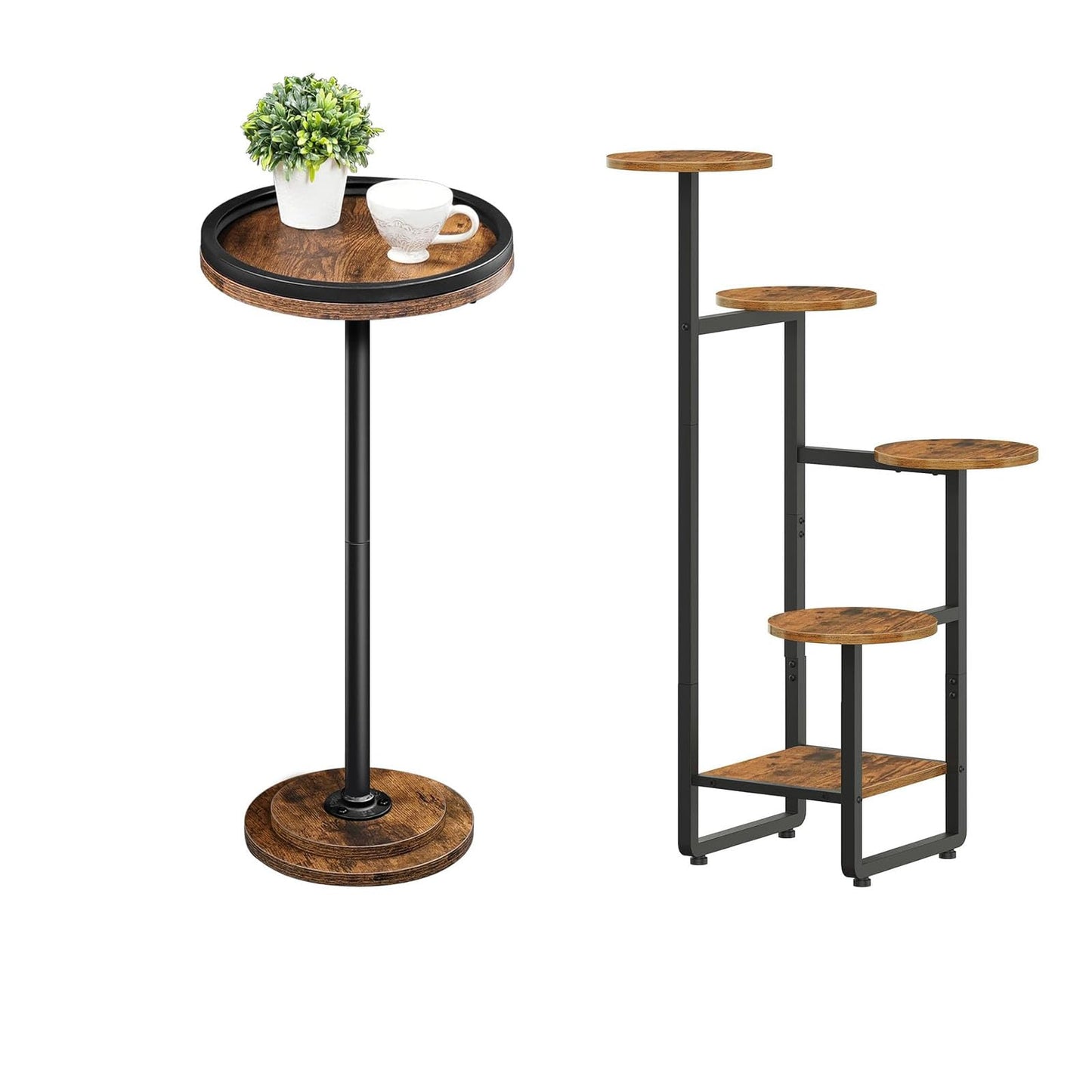 HOOBRO Round Side Table and Plant Stand Bundle, Drink Table with Pedestal Accent for Small Spaces, 5 Tiered Plant Shelf Flower Stand for Multiple Indoor Plants, BF168BZ01-BF07HJ01