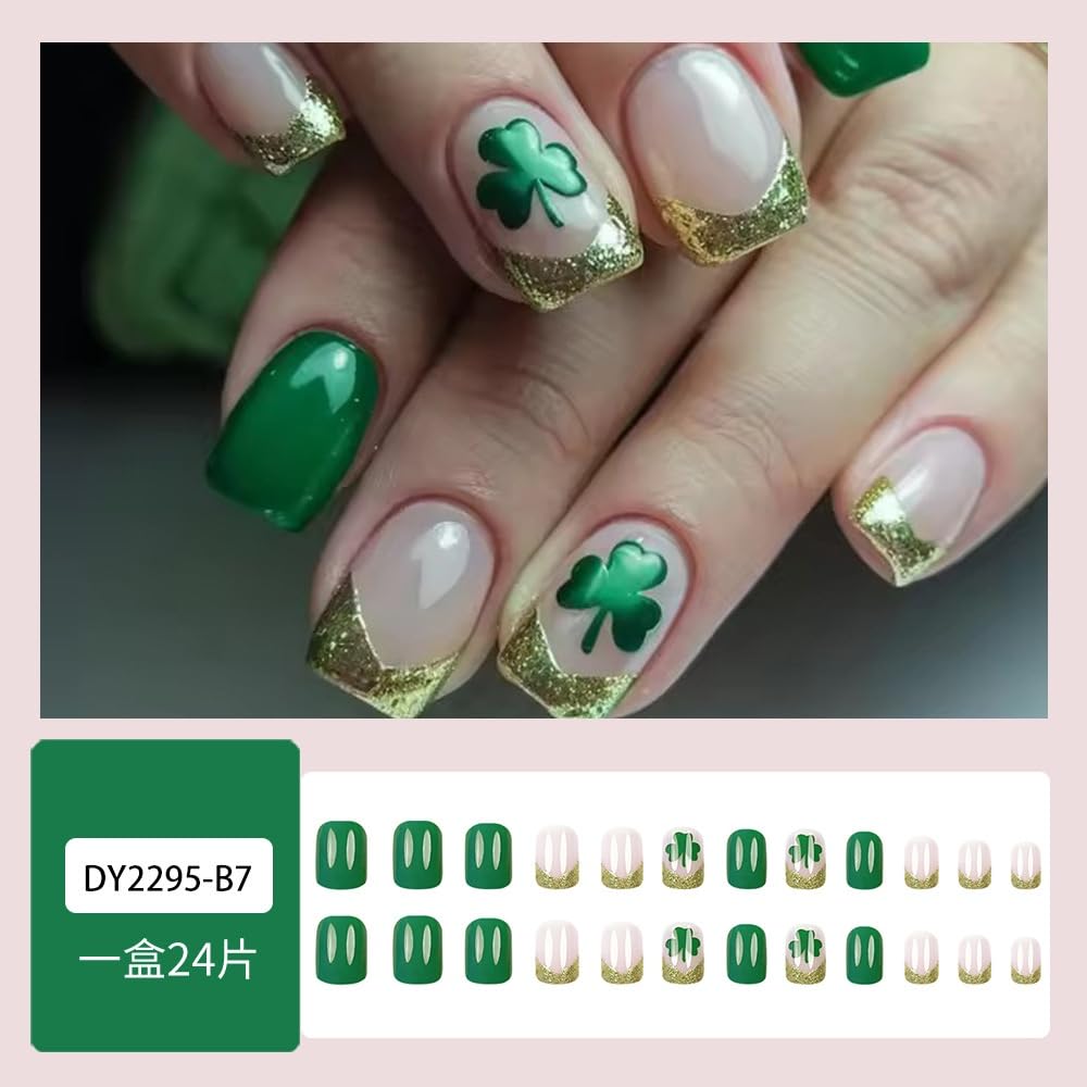 St Patricks Day Press on Nails Short Square Fake Nails with Shamrock Clover Design Glossy Green Glue on Nails Gold Glitter French Tips Nails Press ons Spring Acrylic Nails for Women Manicure 24Pcs