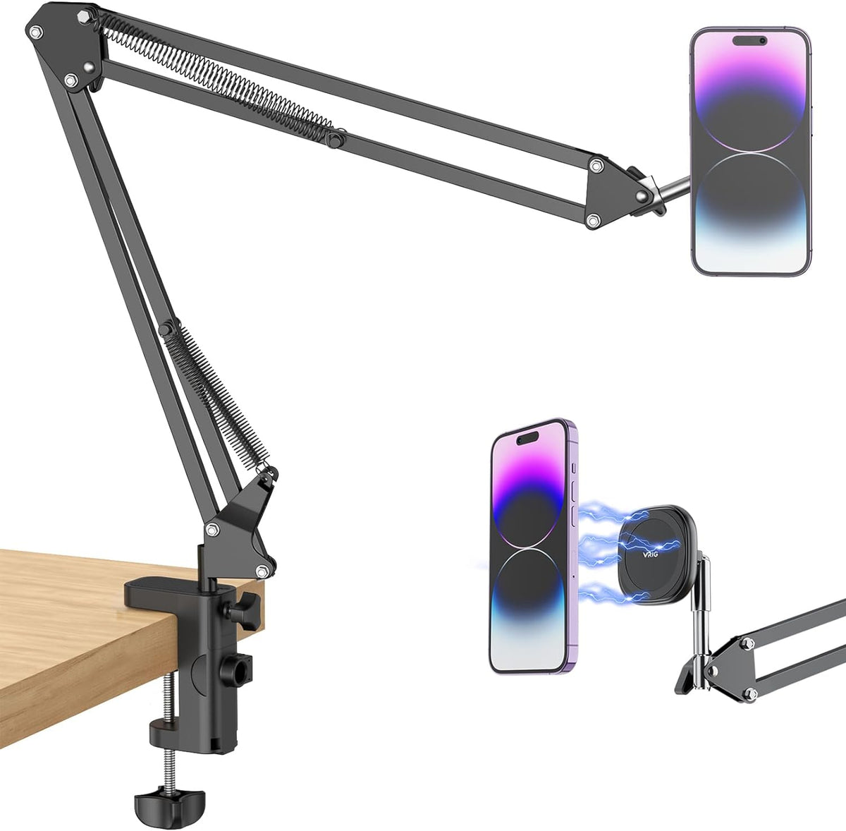 VRIG Magnetic Phone Holder Mount for Desk,MagSafe Flexible Overhead Phone Mount Stand,360° Free Adjustable Long Arm Cell Phone Stand for Desk/Bed for iPhone and More/Android,Magnetic Ring Included