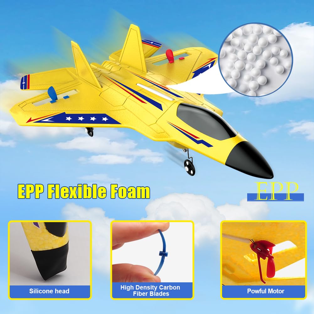 Fremego F22 RC Airplane 2.4GHz Remote Control Plane with Gyro Stabilizer, LED Lights & Dual Batteries, Easy Fly RC Glider for Kids Boys Adults Beginners(Yellow)