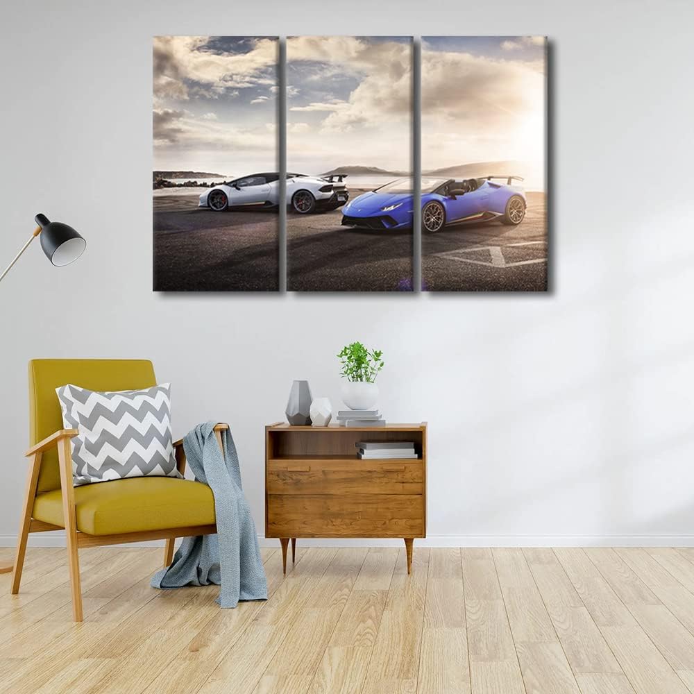 Canvas Prints Sports Car at Sunset Skyline Wall Art Modern Home Decor Seaside Super Car Poster Living Room 3 Pieces Men Boys Bedroom Decoration Artwork Painting Framed Ready to Hang, 36"Wx24"H