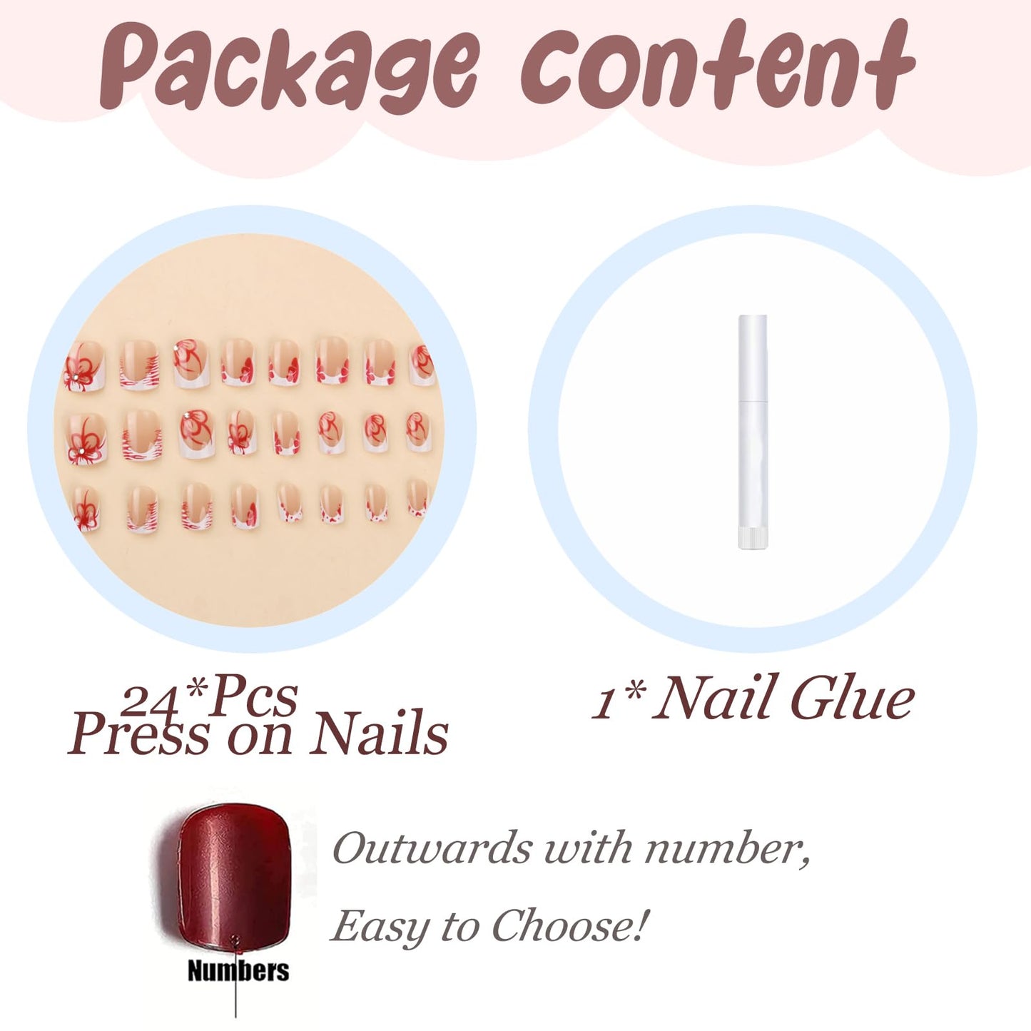 BABALAL Press on Nails Short Square Fake Nails White French Tip Glue on Nails Red Flower Acrylic Nails Glossy False Nails Art Design 24pcs Squoval Manicure Full Cover Artificial Nails for Women Girls