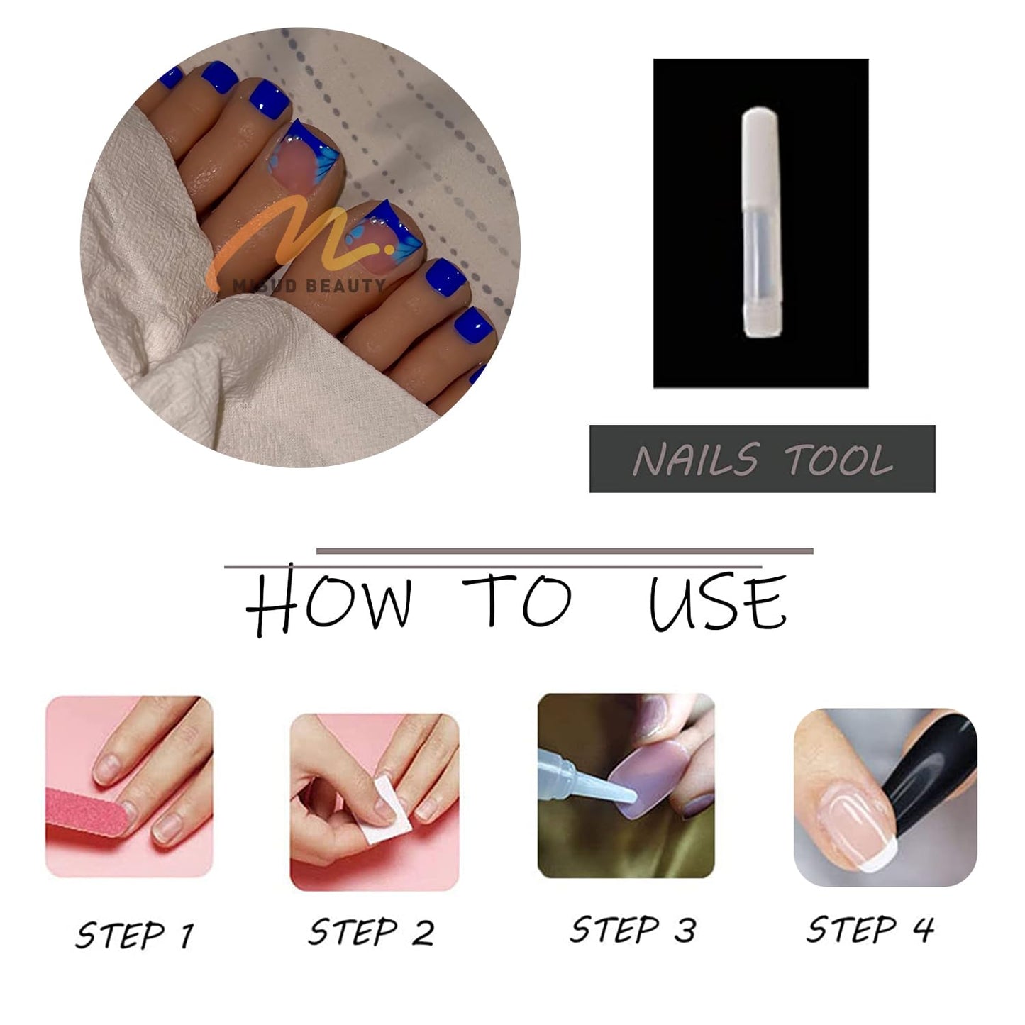 MISUD Press on Toenails - Fake Toe Nails with Royal Blue, Acrylic Toenail Flower Design 24 pcs