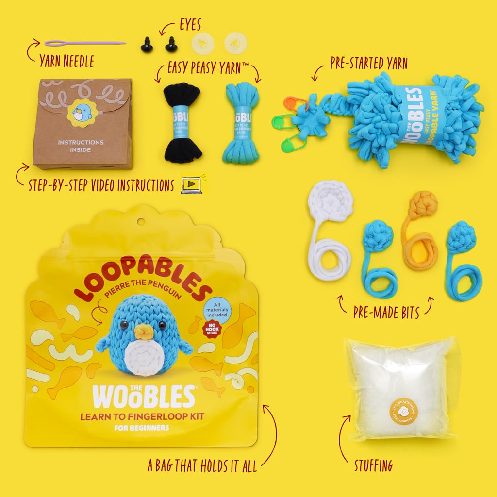 The Woobles Crochet Kit for Beginners with Easy Peasy Loopable Yarn, As Seen on Shark Tank - Easy Arts and Crafts Knitting & Crochet Animals Kit with Step-by-Step Video Tutorials (Pierre the Penguin)