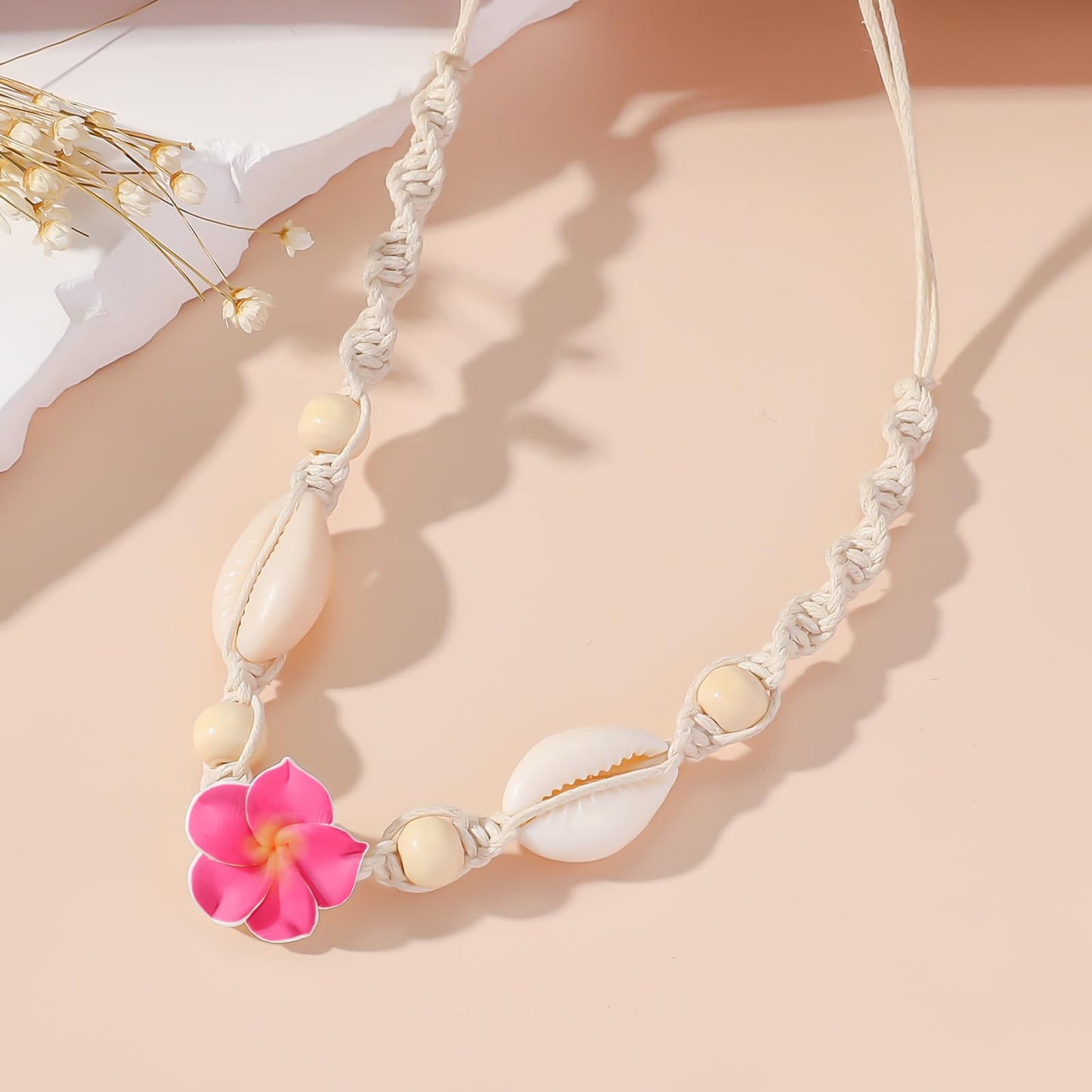 Nackiy Handmade Sea Shell Necklace Choker For Women Summer Adjustable Natural Shell Collar Necklace (Pink Flower)