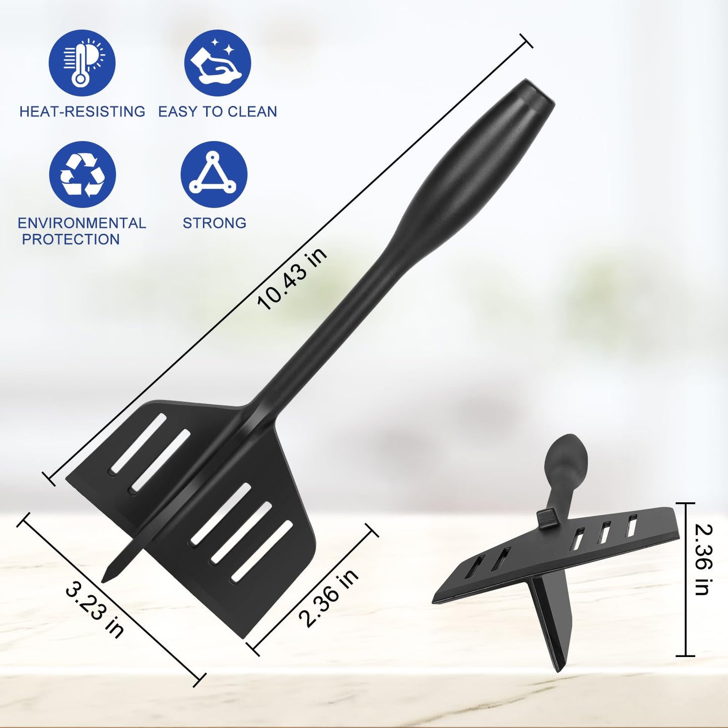 YHBARK Professional Heat Resistant Nylon Meat Cut, Spatula and Meat crusher Double Function, Potato Masher，Non-scratch Utensils，Good Grips Ground Meat Chopper,Black