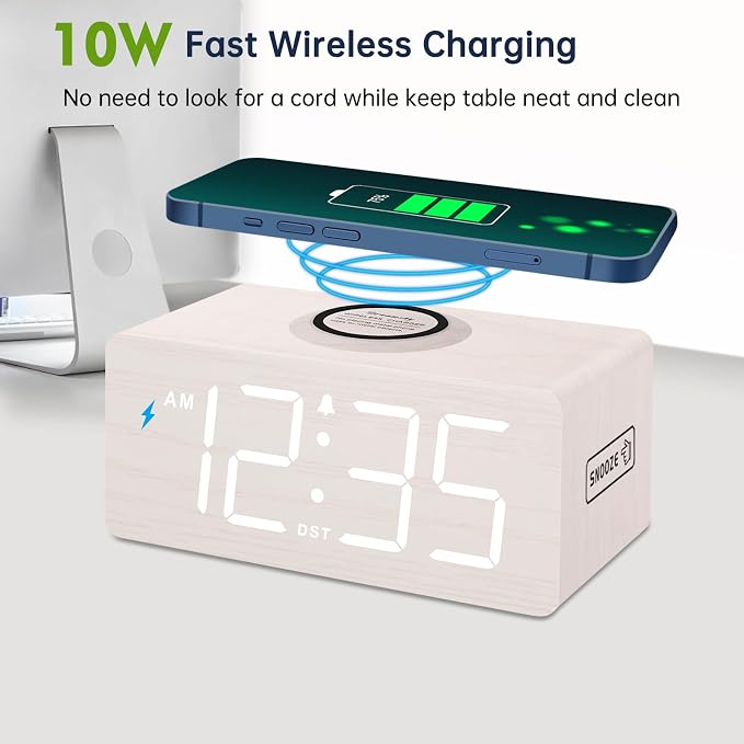 DreamSky Wooden Digital Alarm Clock with Wireless Charging for Bedroom