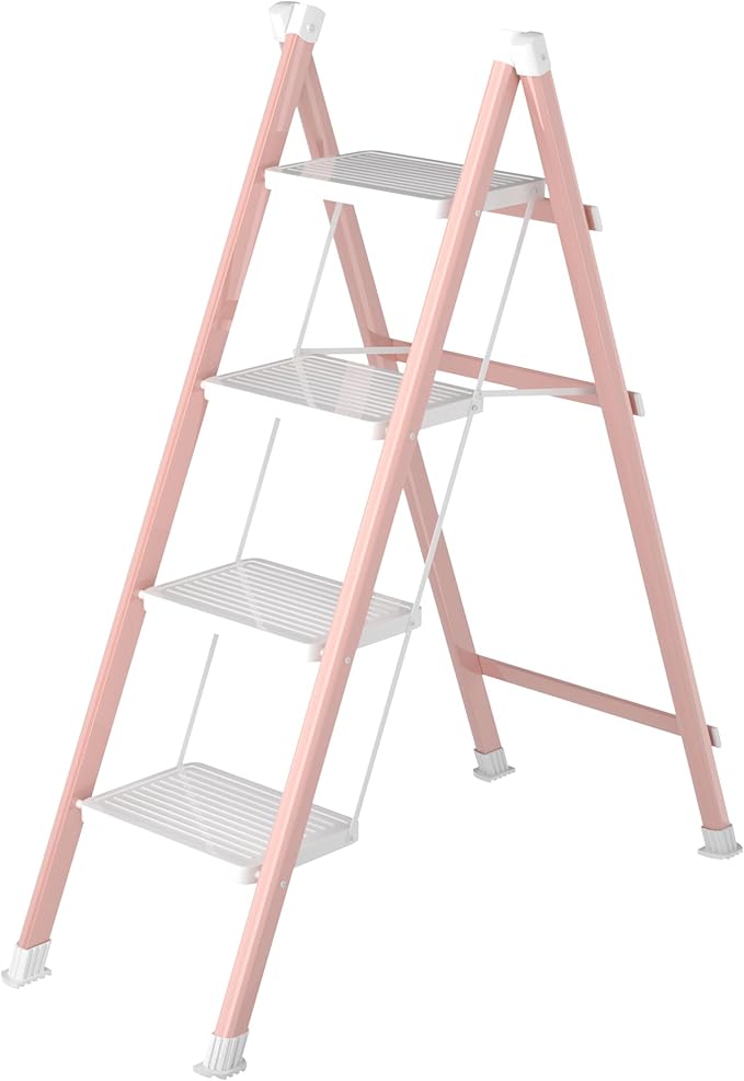 4 Step Ladder, Folding Step Stool with Anti-Slip Wide Pedal, Anti-Slip Feet, Sturdiest Steel Construction, Steel Ladder for Home and Office, Pink White