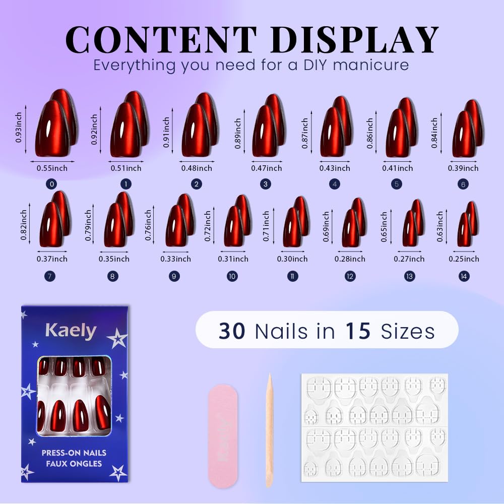 evpct Ruby Red Cat Eye Chrome Press on Nails Almond Medium with Design, Red Holographic Medium Almond Stick on Fake Nails for Women, Glossy Cat Eye Effect, Perfectly Fit Salon-quality Soft False Nail
