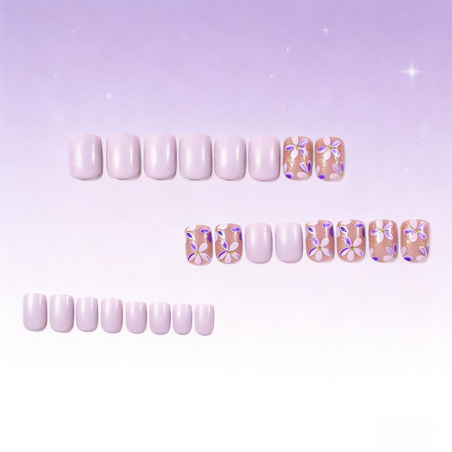 Short Square Press on Nails Cute Purple Floral Design Fake Nails 24Pcs Spring Summer Flower Press on False Nails Glossy Acrylic Glue on Nail Light Purple Stick on Nail for Women Manicure