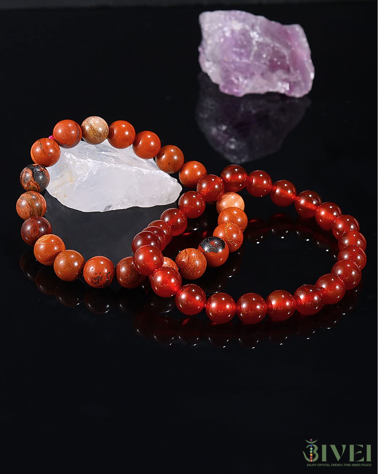 Bivei Natural Gemstone Semi Precious Crystals Handmade Stretchy Round Beads Bracelet, Enhance Positive Energy,Stocking Stuffers for Women(Red Agate & Red Jasper (Vitality) Medium)