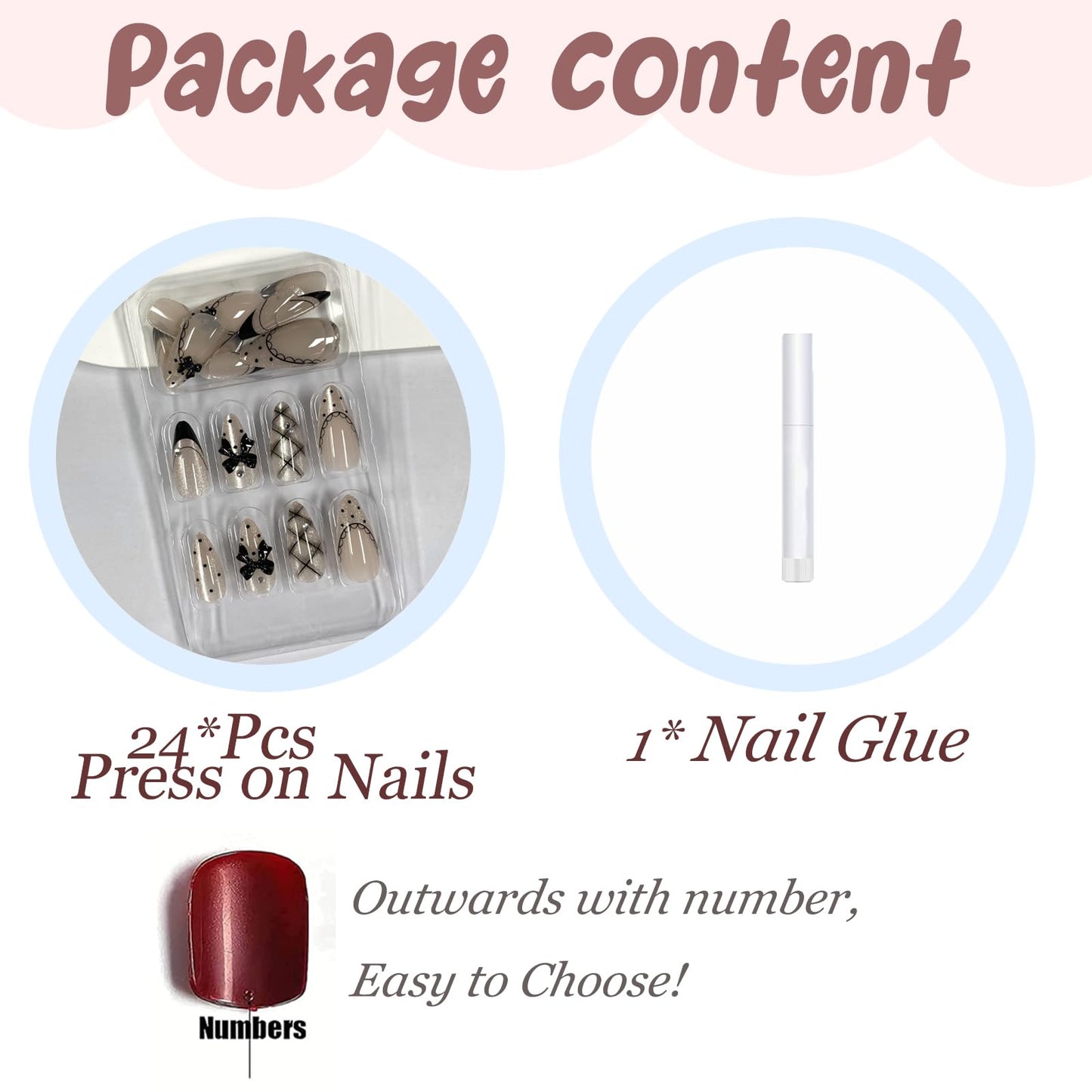 BABALAL Press On Nails, Medium Almond Fake Nails, Black French Tip, Cat Eye Bling Design With Bow Plaid Design, Y2k Kawaii Polka Dot Glue On Nails 24Pcs