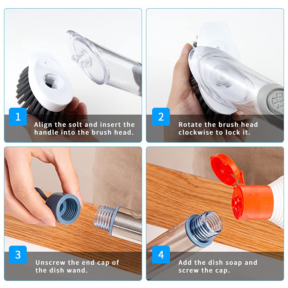 QUTHZZHY 4-in-1 Dish Cleaning Brush Soap Dispensing Dish Brush Set with 4 Replacement Heads and Storage Holder, Kitchen Scrub Brush for Dish Pot Pan Sink Cleaning (Grey)