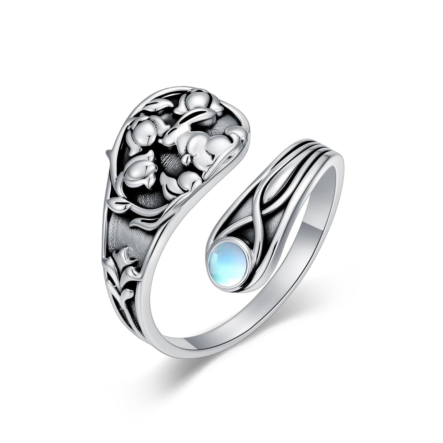 Midari Easter Bunny Spoon Rings for Women 925 Sterling Silver Cute Bunny Adjustable Rabbit Moonstone Rings Abalone Open Spoon Thumb Rings Bunny Jewelry for Women Men Birthday Easter Gifts