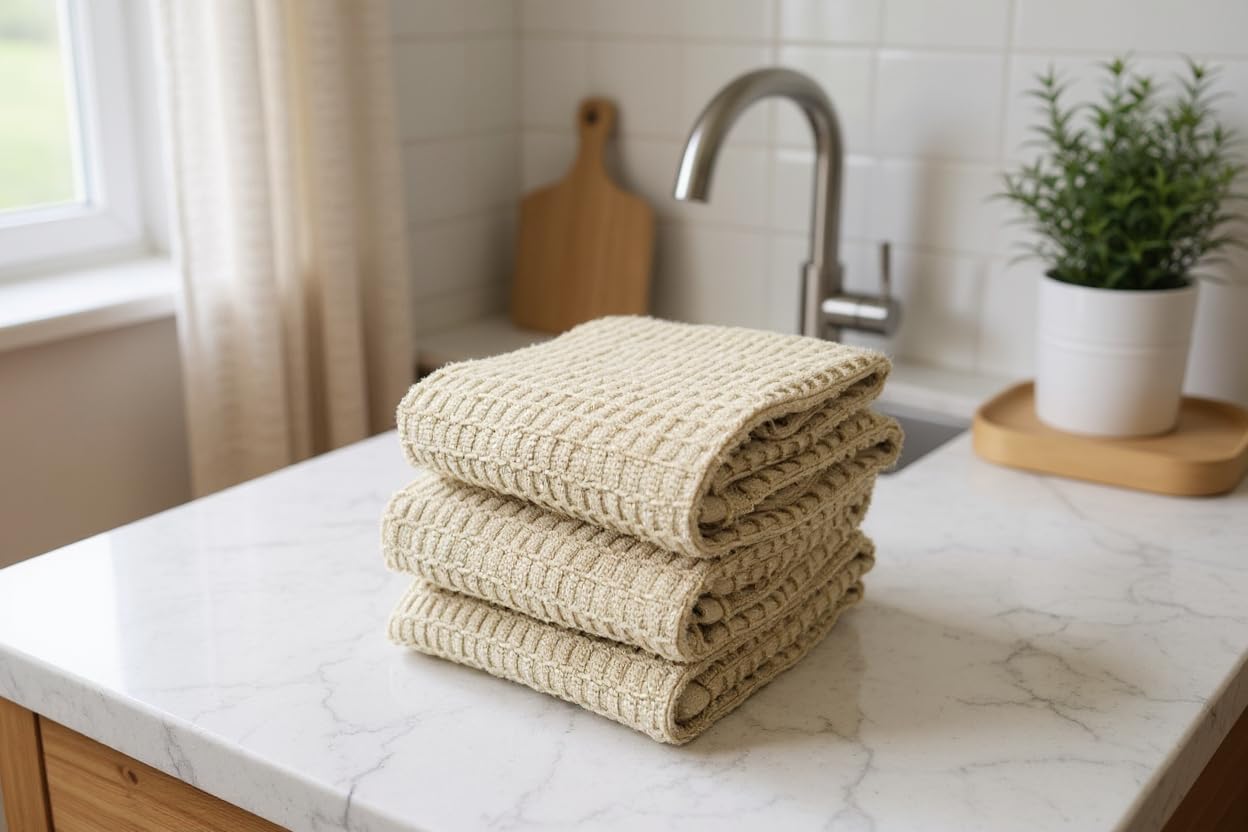 Serafina Home Tan Beige Kitchen Dish Hand Towels 100% Cotton Waffle Cloth Soft Cleaning Drying Absorbent Terry Box Loop: Set of 3 Multipurpose for Everyday Use Oversized 16" x 28"