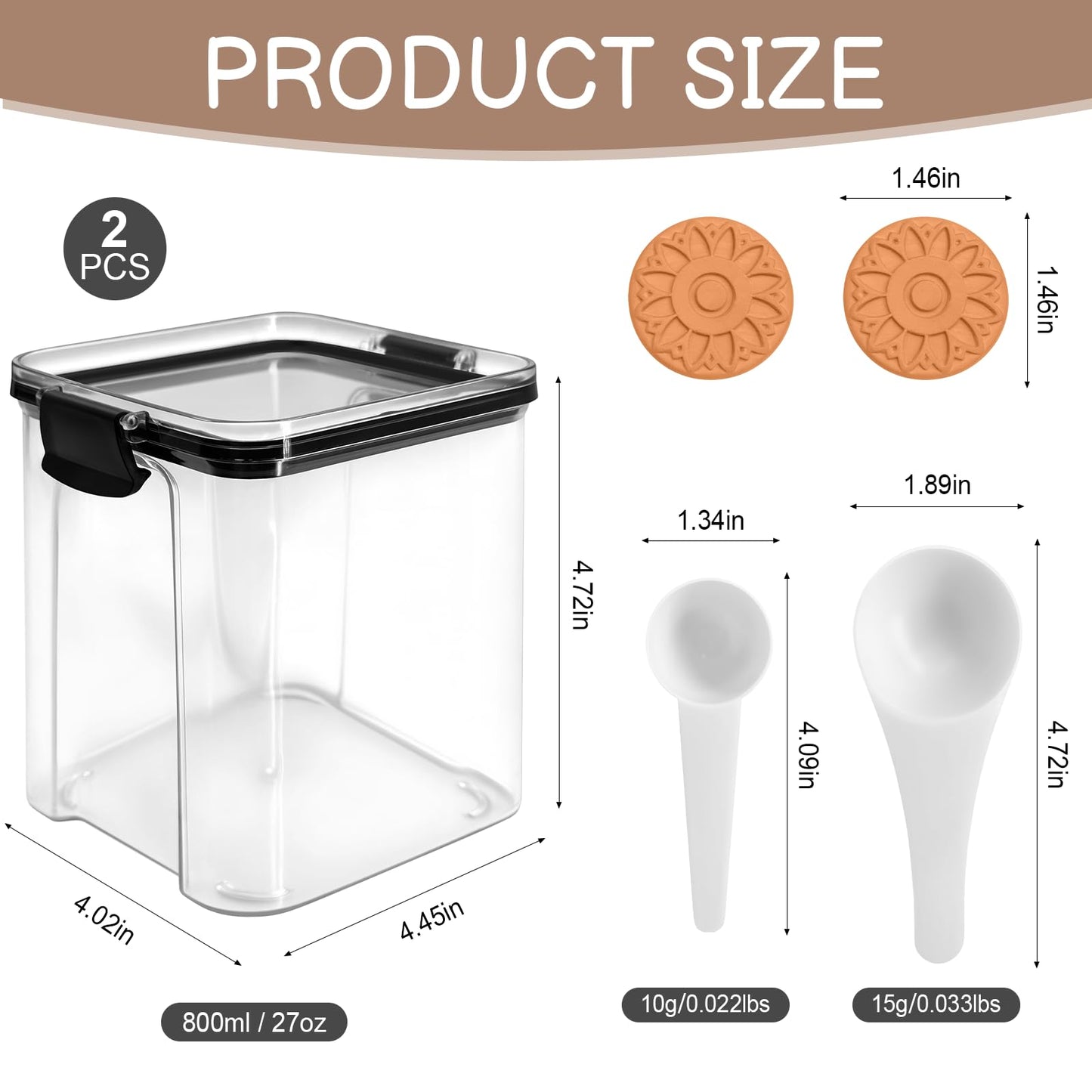 EQUNROY Airtight Brown Sugar Container 800ml/27OZ (2-Pack) Clear Storage Jars with 2 Brown Sugar Keeper, 20ml & 30ml Measuring Scoops - Stackable Kitchen Canister for Baking, Salt, Snacks