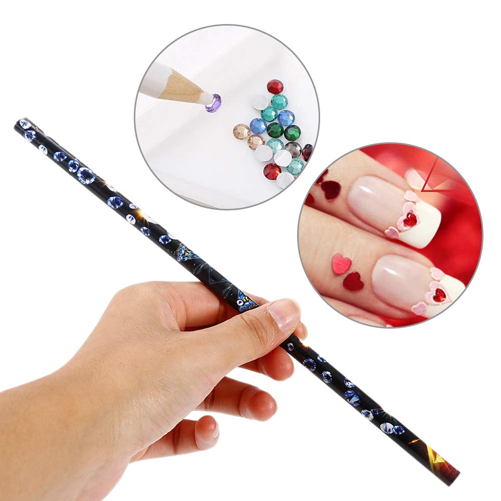 JERCLITY 10 Pieces White Refill Rhinestone Picker Pencil Set Self Adhesive Nail Dotting Wax Pen with 5 Piece Triangular Beads Sorting Tray for Nail Art DIY Decoration