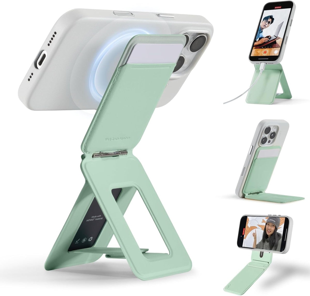 MOFT Phone Tripod Wallet for iPhone, Mulit-Angles, Lightweight Phone Stand, MOVAS Vegan Leather Magnetic Wallet, Strong Magnets, NFC Card Holder,Travel Essential, Peppemint (with Card Slot)