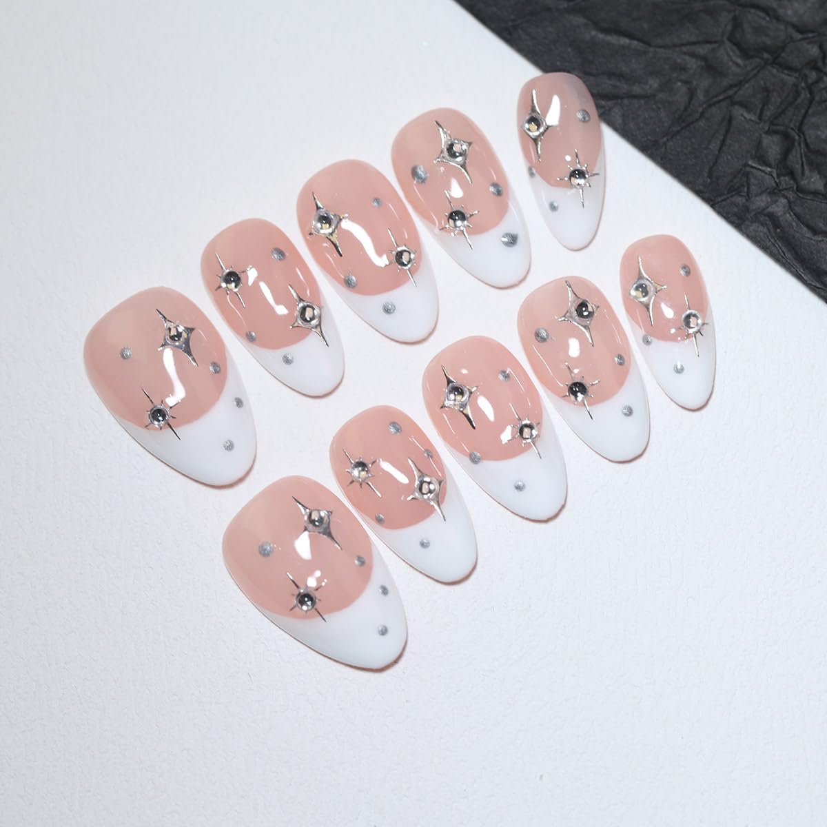 10 Pcs Short Almond Handmade Press On Nails | French Tip with Silver Starburst & Rhinestone Accents | Reusable, Easy to Apply & Remove, Salon-Quality Manicure (RR10, M)
