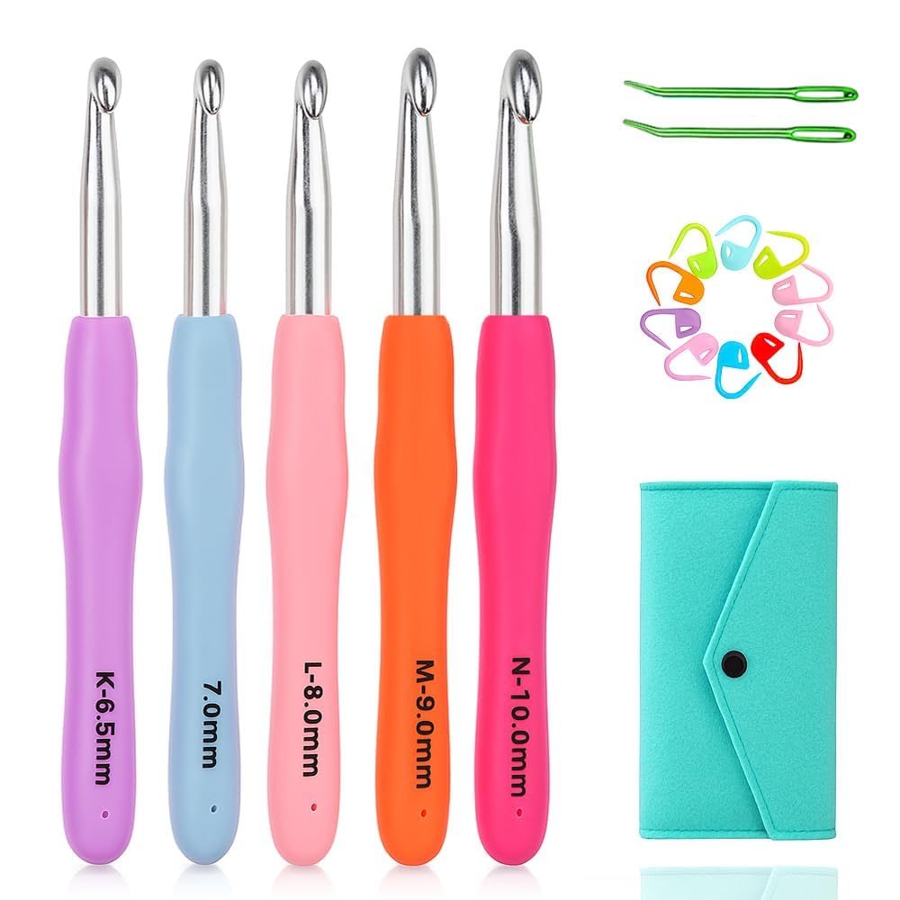 Yarniss Large Ergonomic Crochet Hooks Set 6.5mm 7.0mm 8.0mm 9.0mm 10.0mm, Big Crochet Hooks for Chunky Yarn(5 Size)