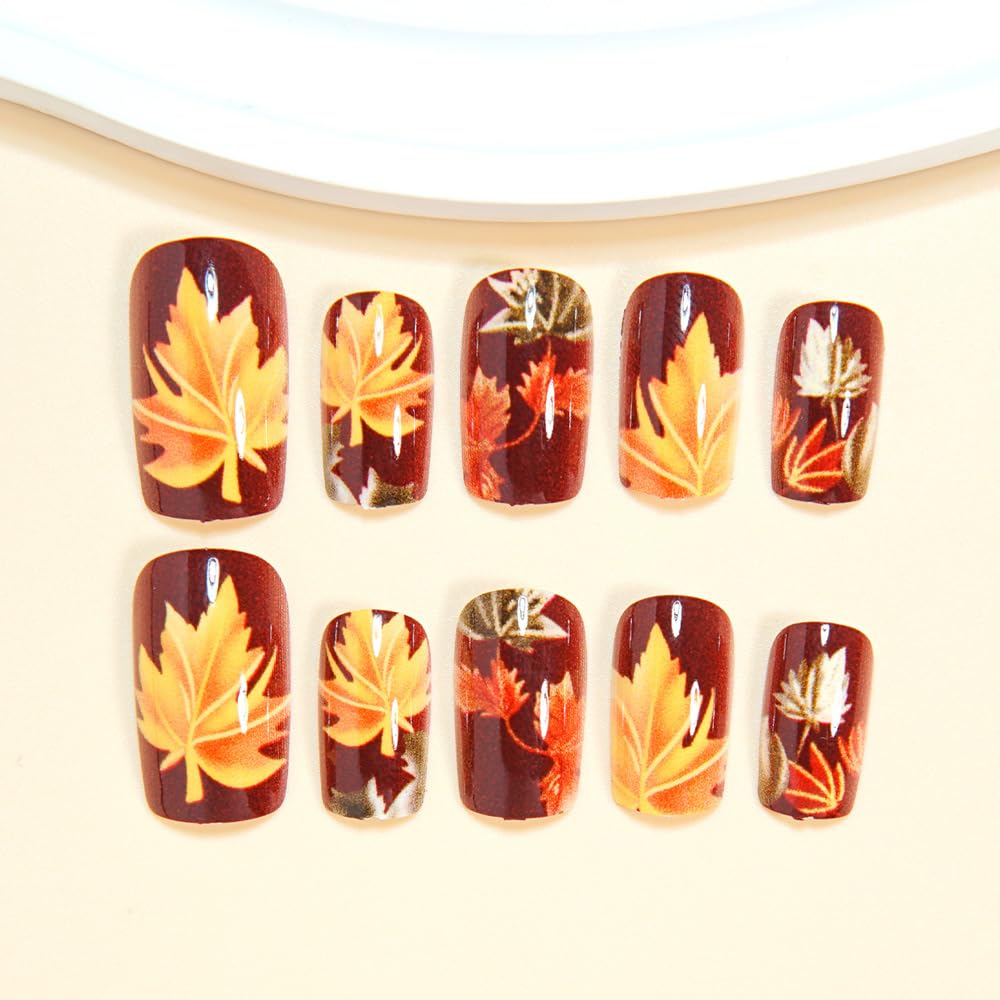Fall Wine Press on Nails Short Maple Leaf Fake Nails Winter Square Acrylic Nails Press ons Autumn Full Cover Glue on Nails Artificial Reusable Gradient Stick on Nails for Women Nail Art Kit 24Pcs