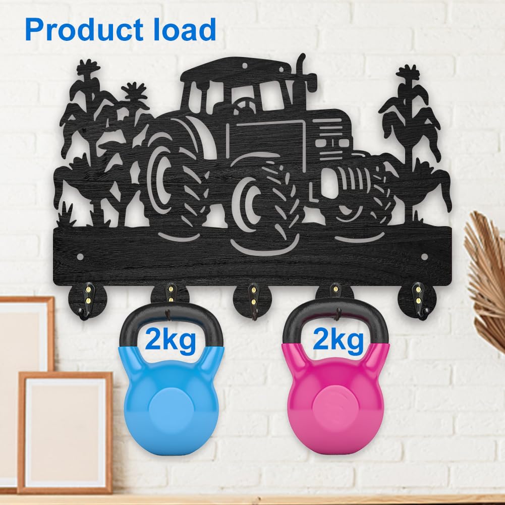MAYJOYDIY Wooden Tractor Corn Field Coat Hooks Farm Vehicle Crops Key Holder for Wall 11.8×7.9inch Decorative Gift Wall Key Rack Organizer 5 Alloy Hooks for Farmhouse Kitchen Entryway
