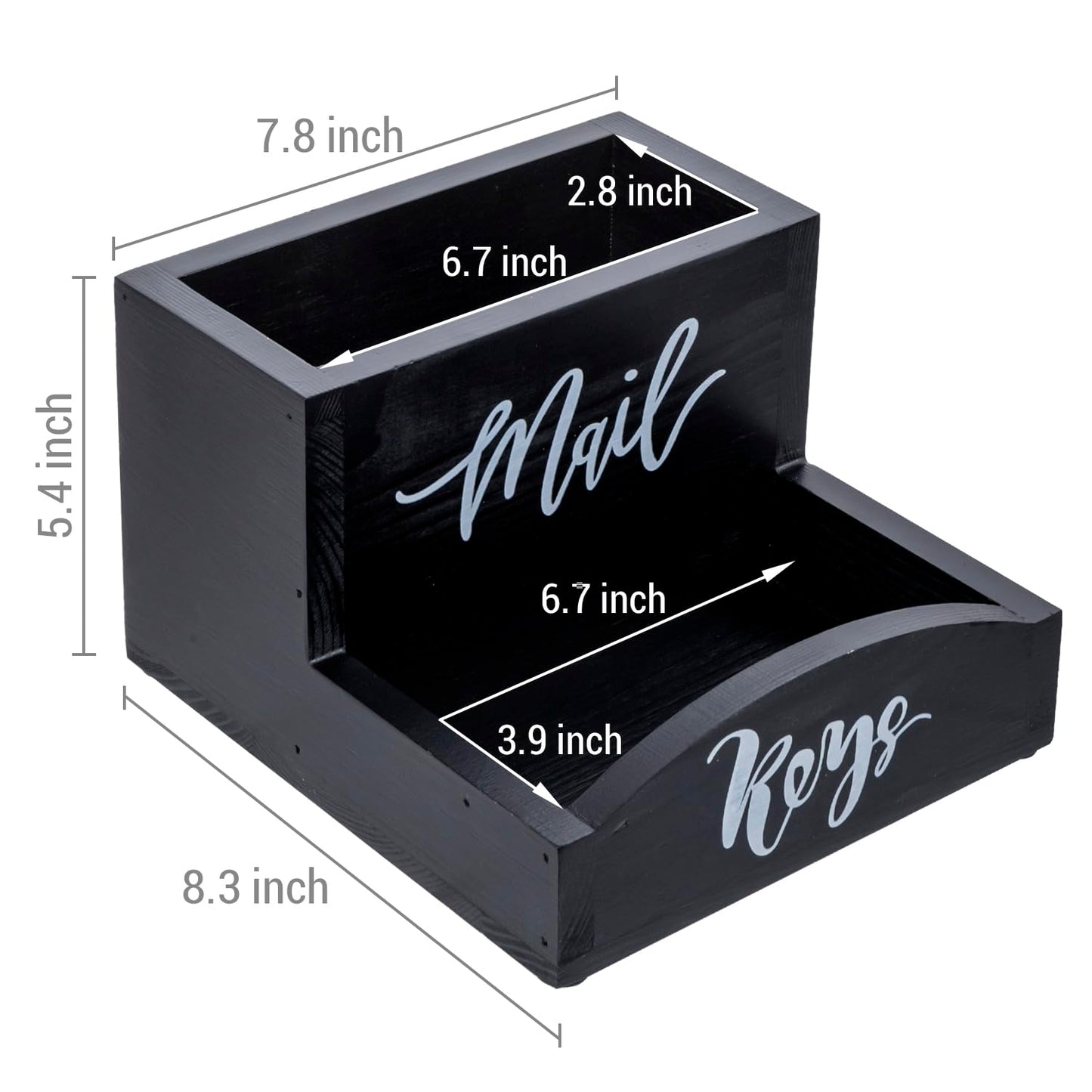MyGift Urban Modern Mail Holder and Key Organizer Tray in Black Stained Solid Wood Finish, Entryway Storage Catchall with Cursive Mail and Keys Word Design, Office Desktop Organizing Bin