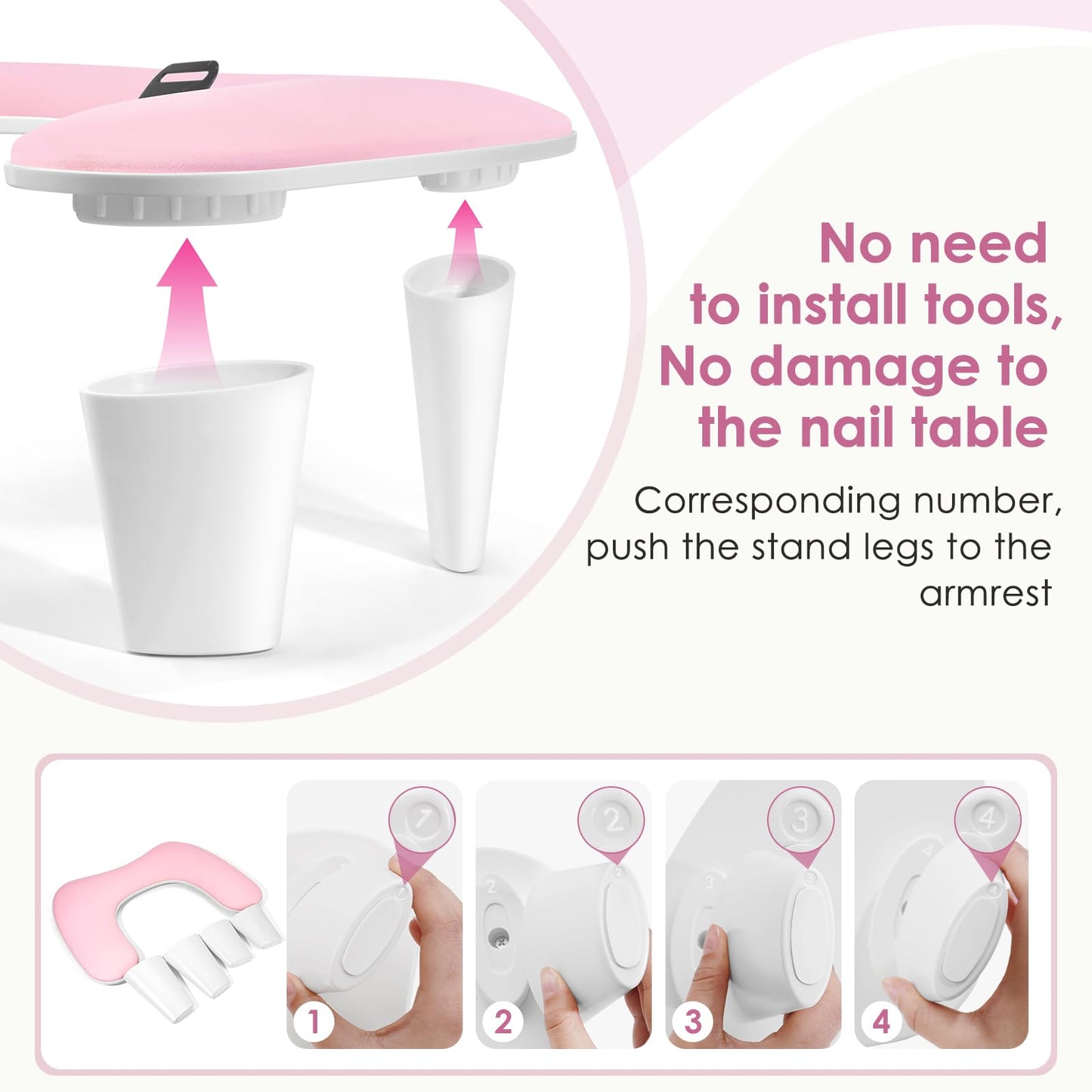 LIONVISON Arm Rest for Nails Tech: U Shaped Ergonomic Nail Hand Rest Stand PU Leather with Rotating Phone Holder for Nail Salon Manicurist (Pink)