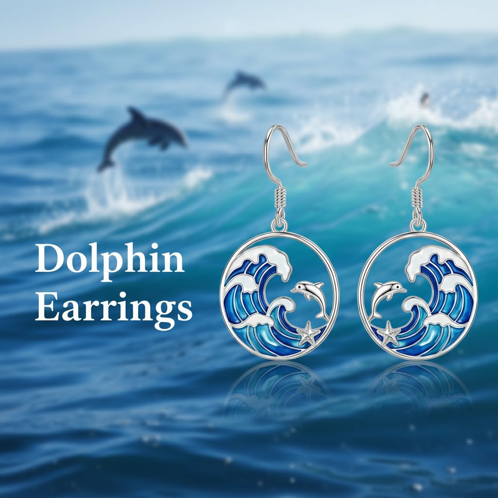 PROESS Dolphin Earrings 925 Sterling Silver Ocean Wave Earrings Beach Jewelry Gift For Women Mother's Day