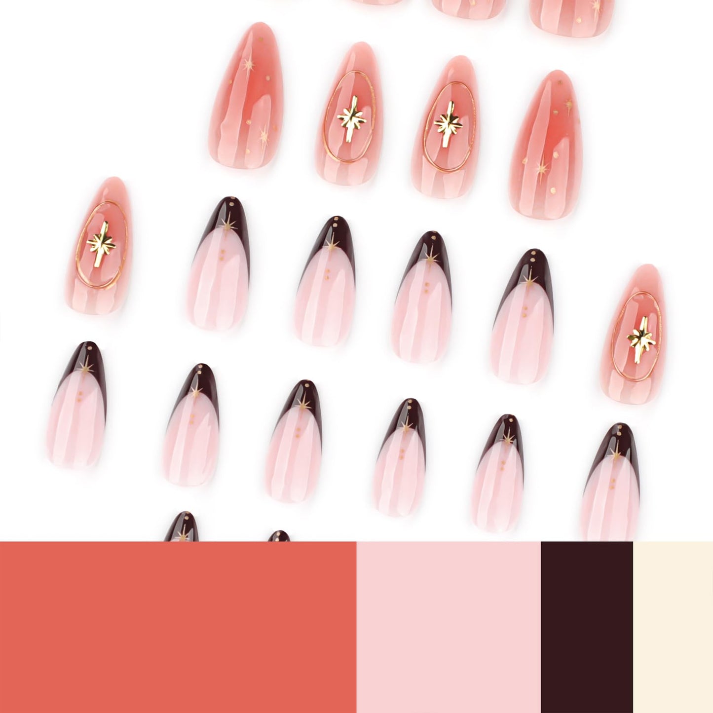 Mivota Medium Press On Nails Almond– 3D Gold Star Accent Brown French Tips, 24Pcs Reusable Acrylic Fake Nails, Glossy Stick On Nails with Designer Details, DIY Manicure Kit with Glue & Tools for Women