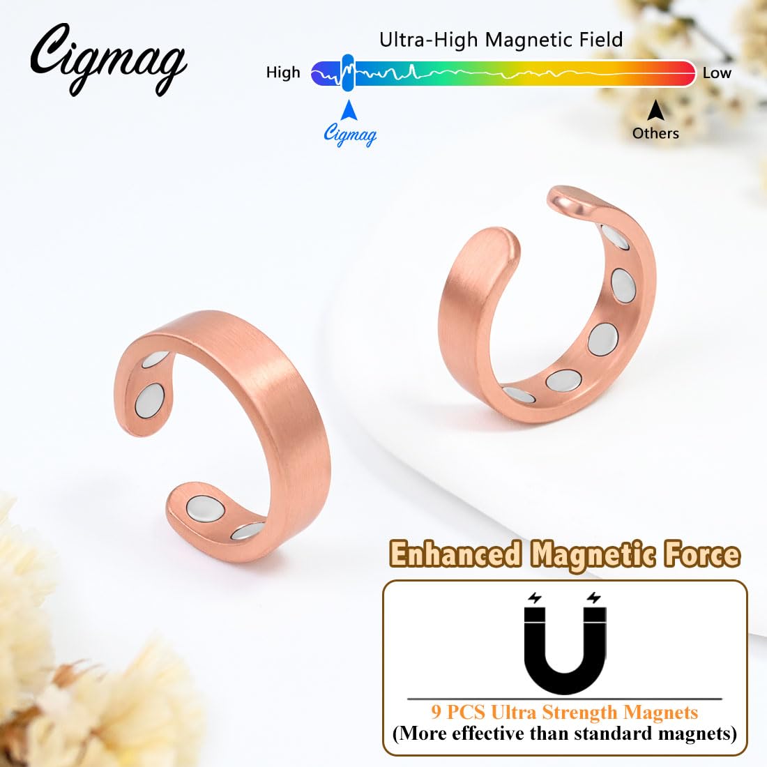 Cigmag 9X Copper Rings for Women Men, with Powerful Magnets, Adjustable Solid Pure Copper (Matte)