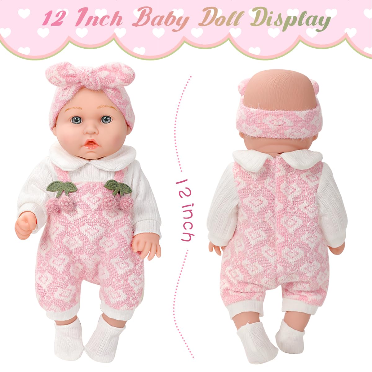 ZNTWEI 12'' Baby Doll Playset in Gift Box with Pink Cherry Pattern Clothes Accessories,Pacifier,Feeding Bottle.First Baby Dolls for Toddlers 3+ and Up