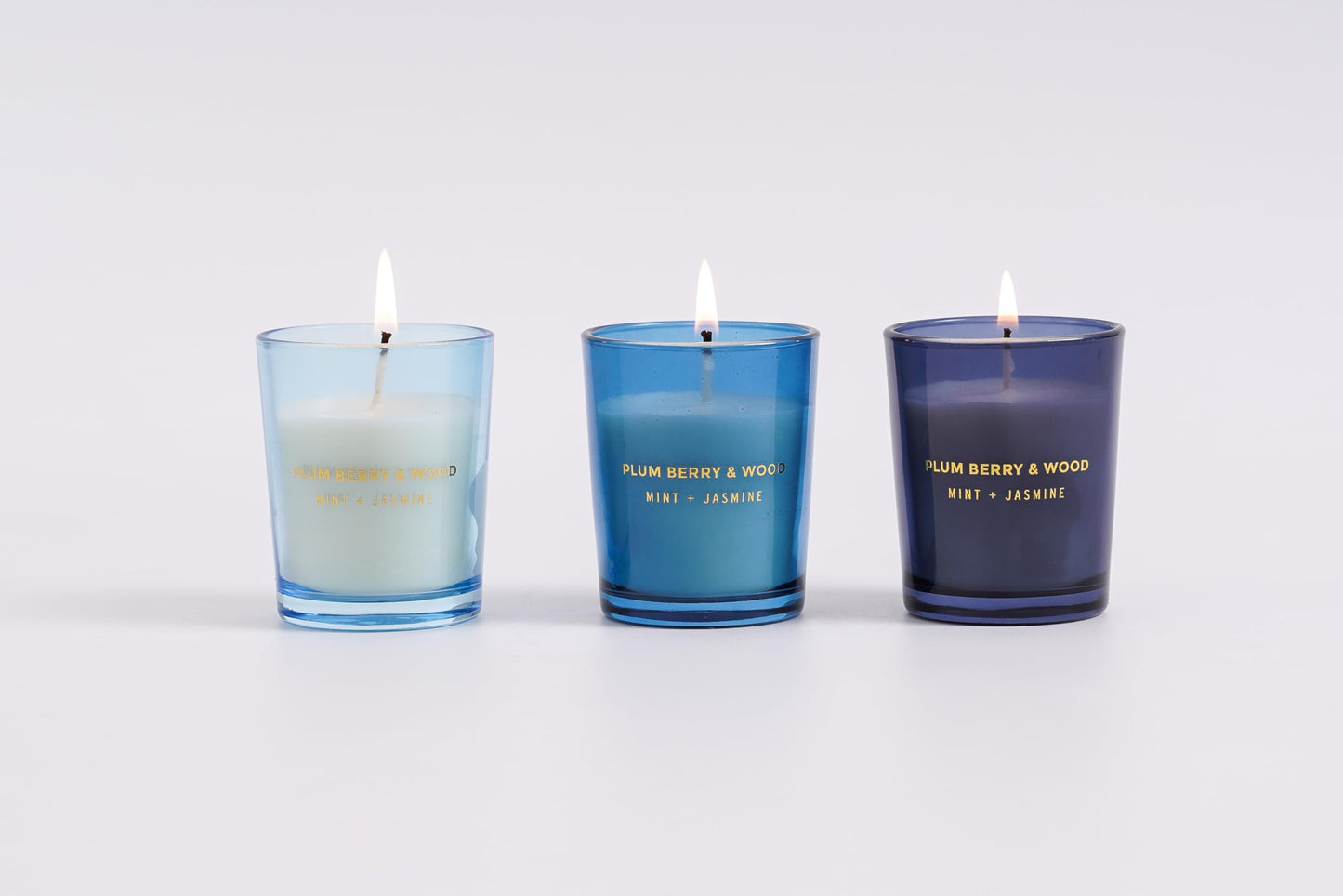 Adore Australia Plum Berry & Wood Scented Essential Oil Candles Gift Set, Mint + Jasmine, 3-Pack in Blue Glass