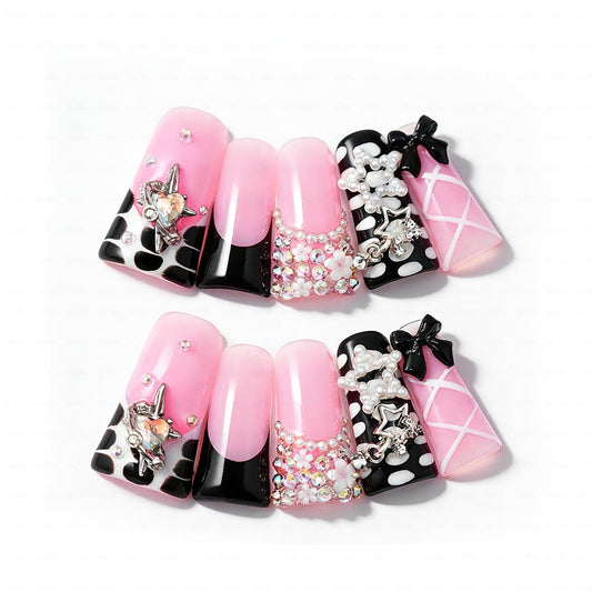 IntoVibes 10 Pieces Luxury Acrylic Press On Nails Long Handmade Duck Nails, Black Thickened False French Nails, With 3D Bowknot And Stars, Reusable Fake Nails, Acrylic Nails (S)